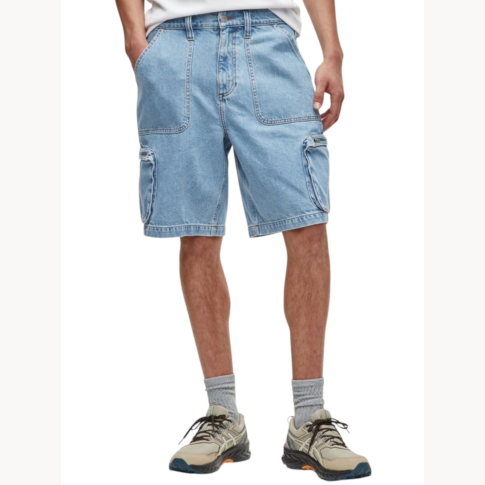 Men's Plain Solid Cargo Jeans Short,Light Blue