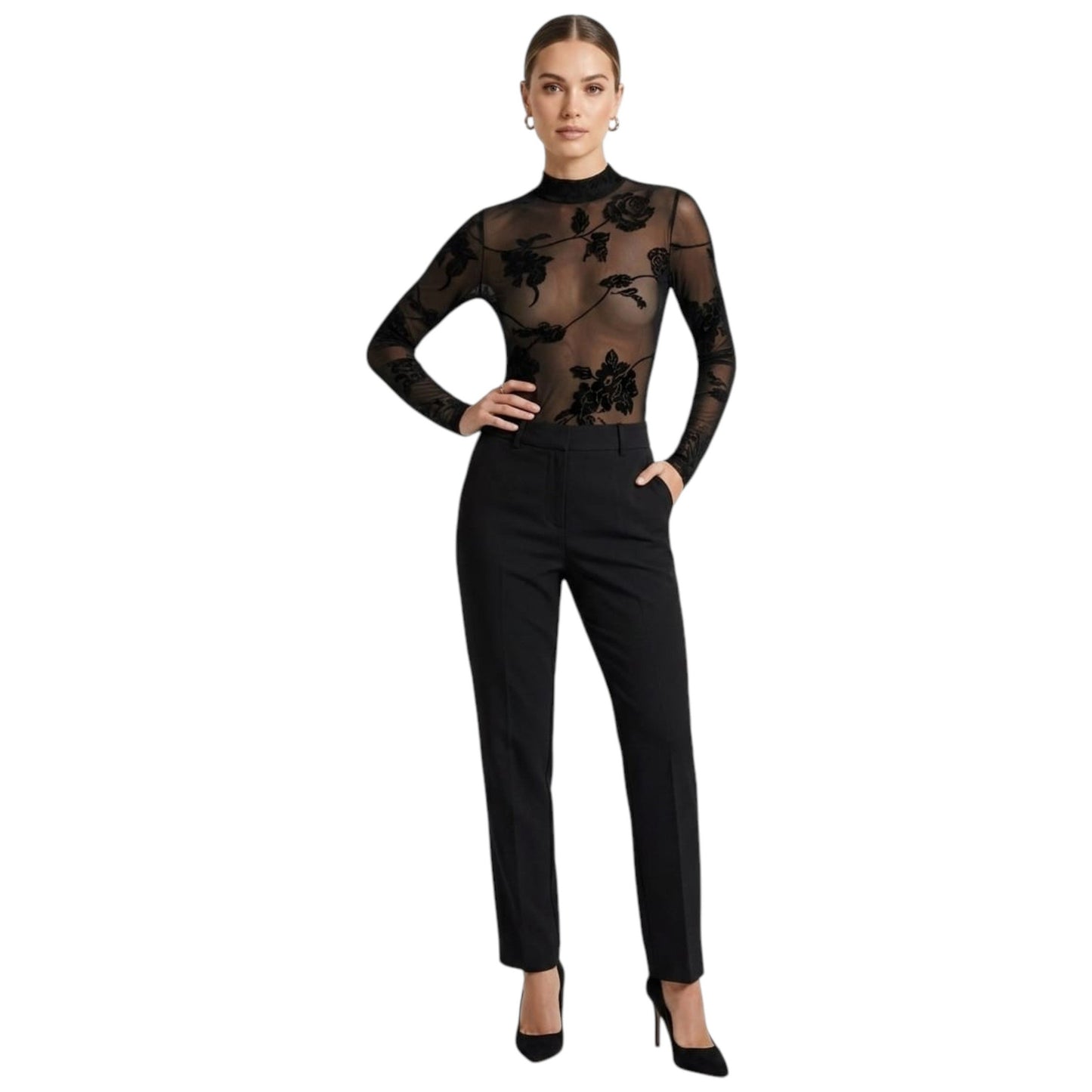Women's Floral Printed Sheer Bodysuit,Black