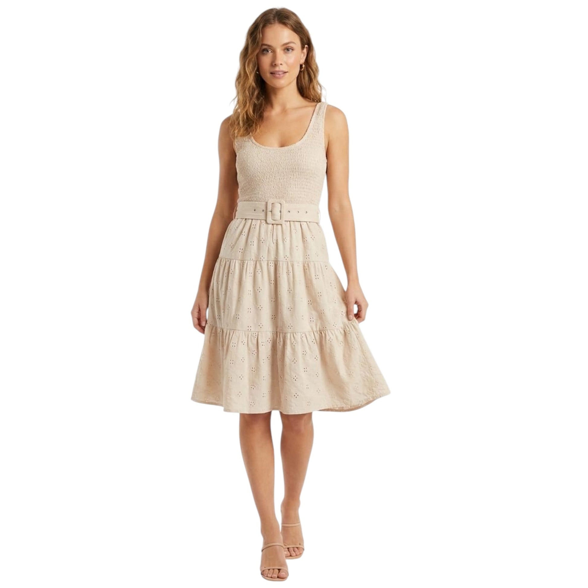 Women's Open Textured Dress,Beige