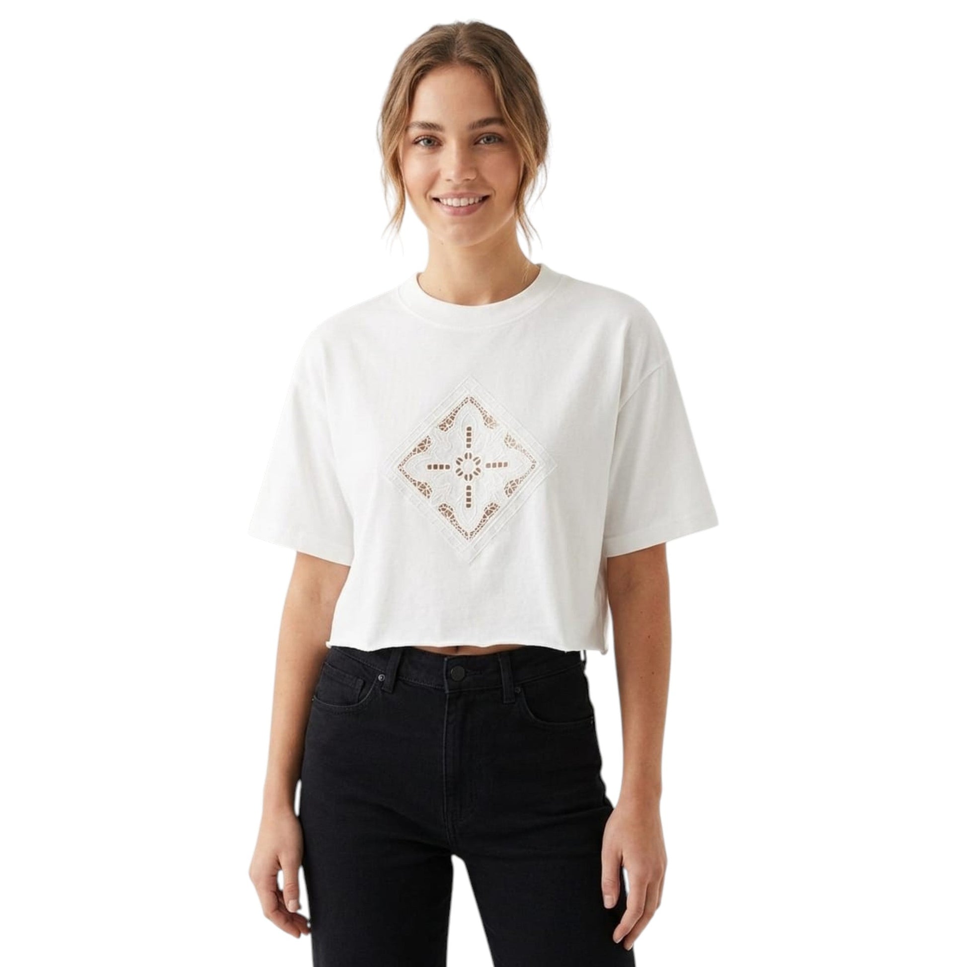 Women's Open Floral Printed Top,White