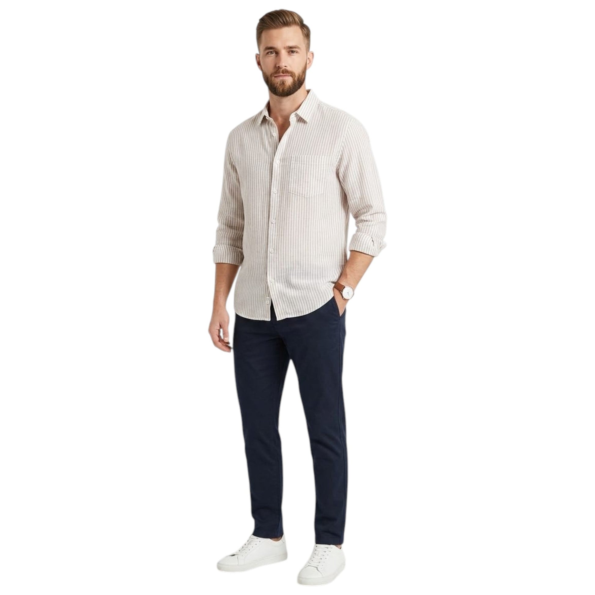 Men's Beige Stripped Dress Shirt,White