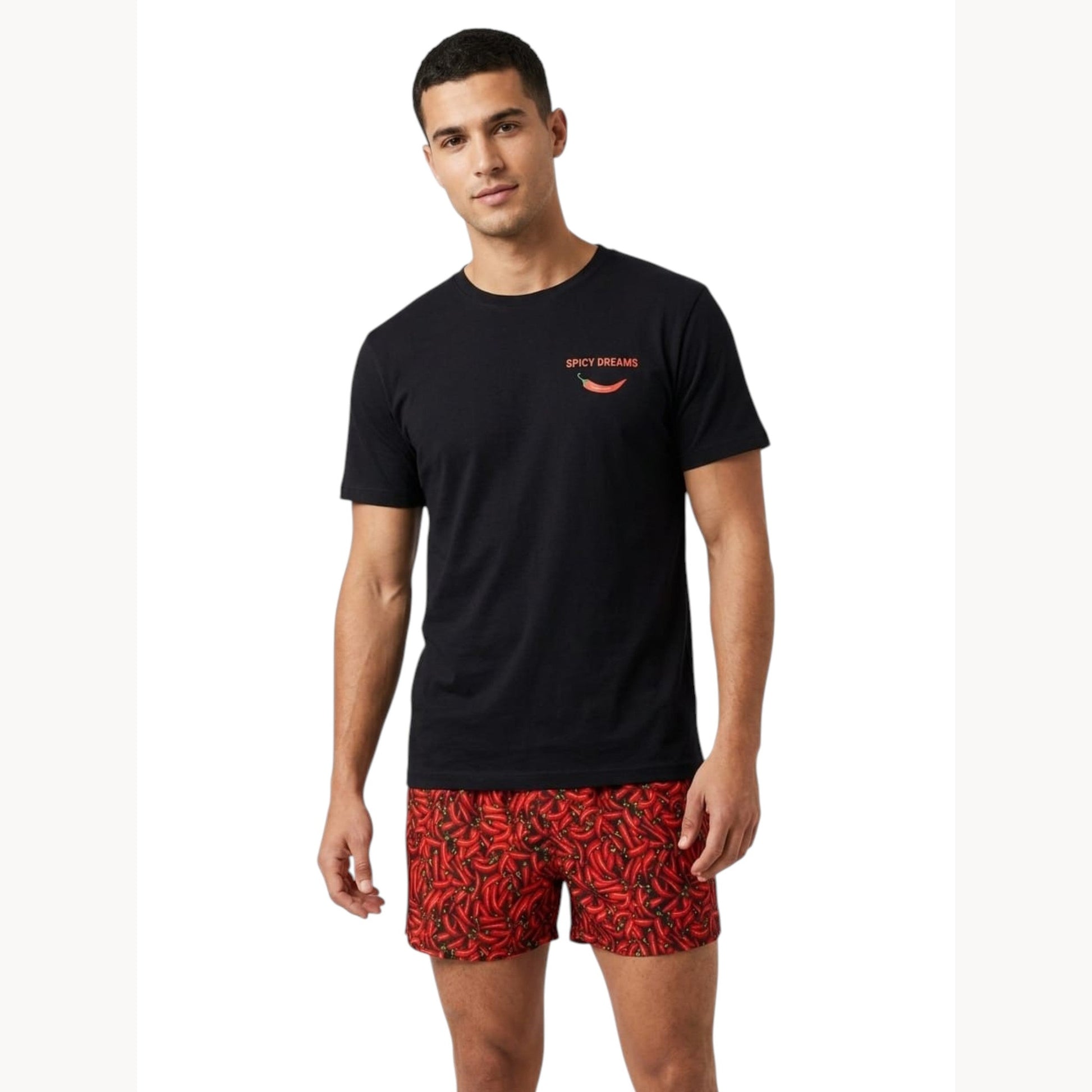 Men's Printed Sleepwear Set Top & Short,Black/Red