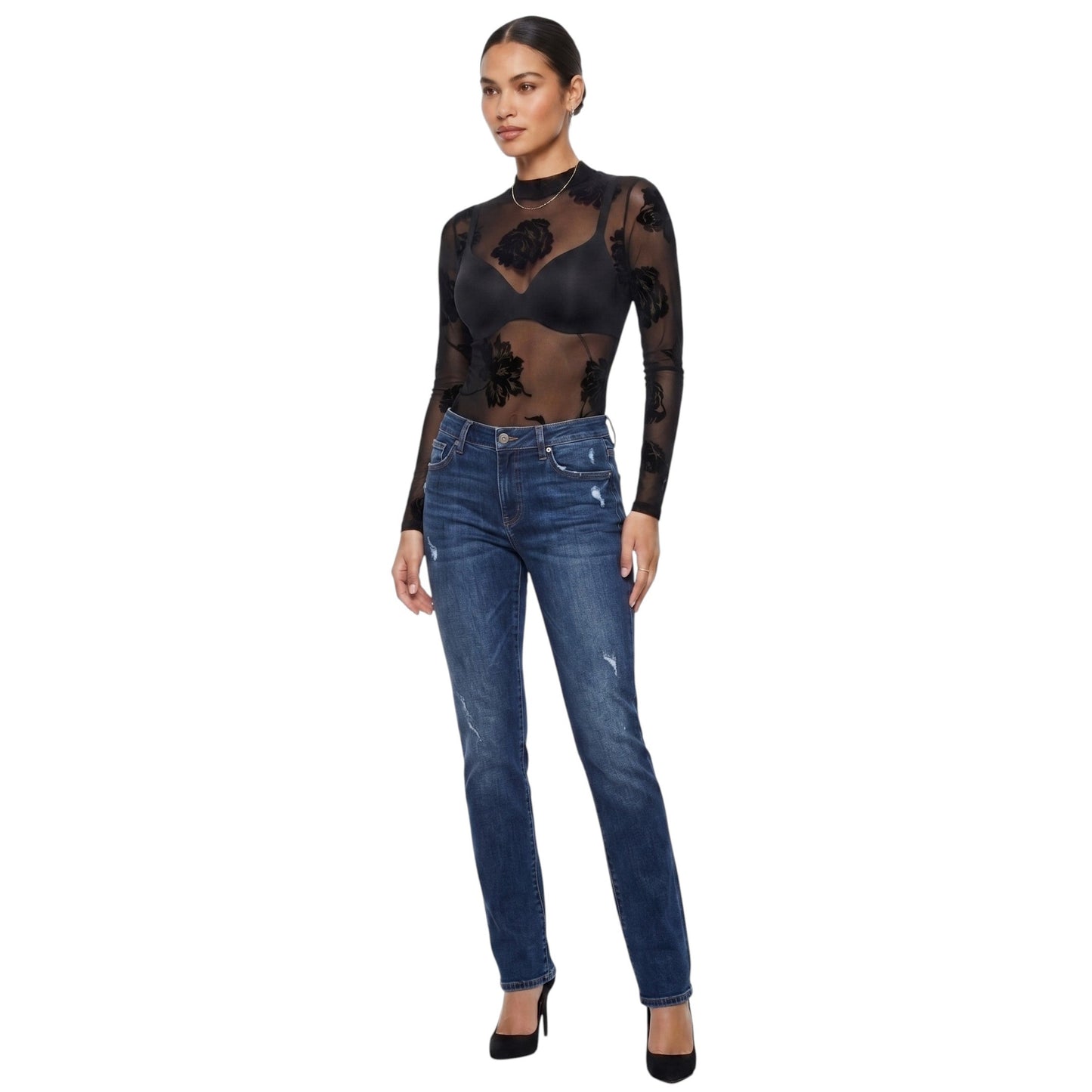 Women's Textured Sheer Bodysuit,Black