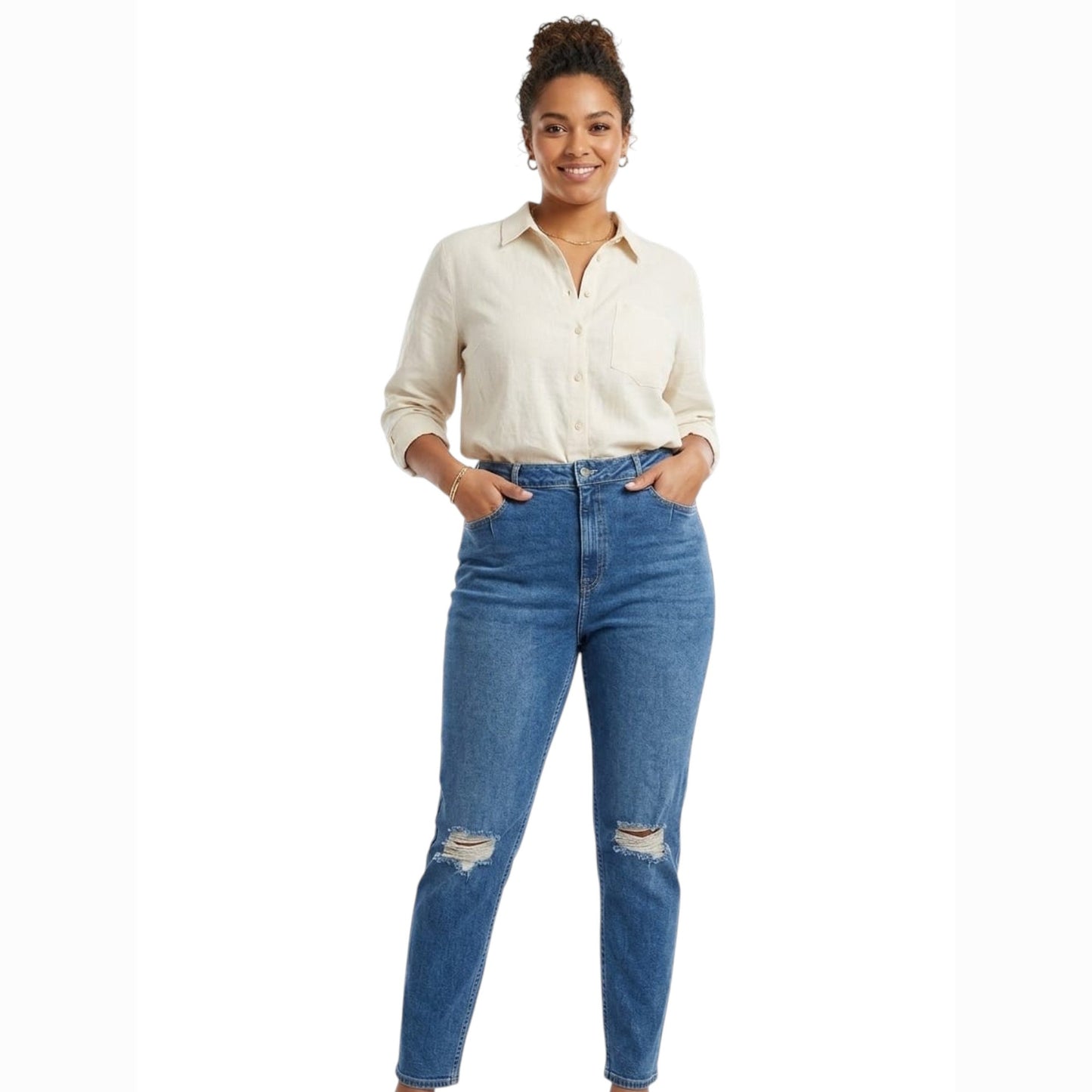 Women's Plain Knee Ripped Jeans,Navy