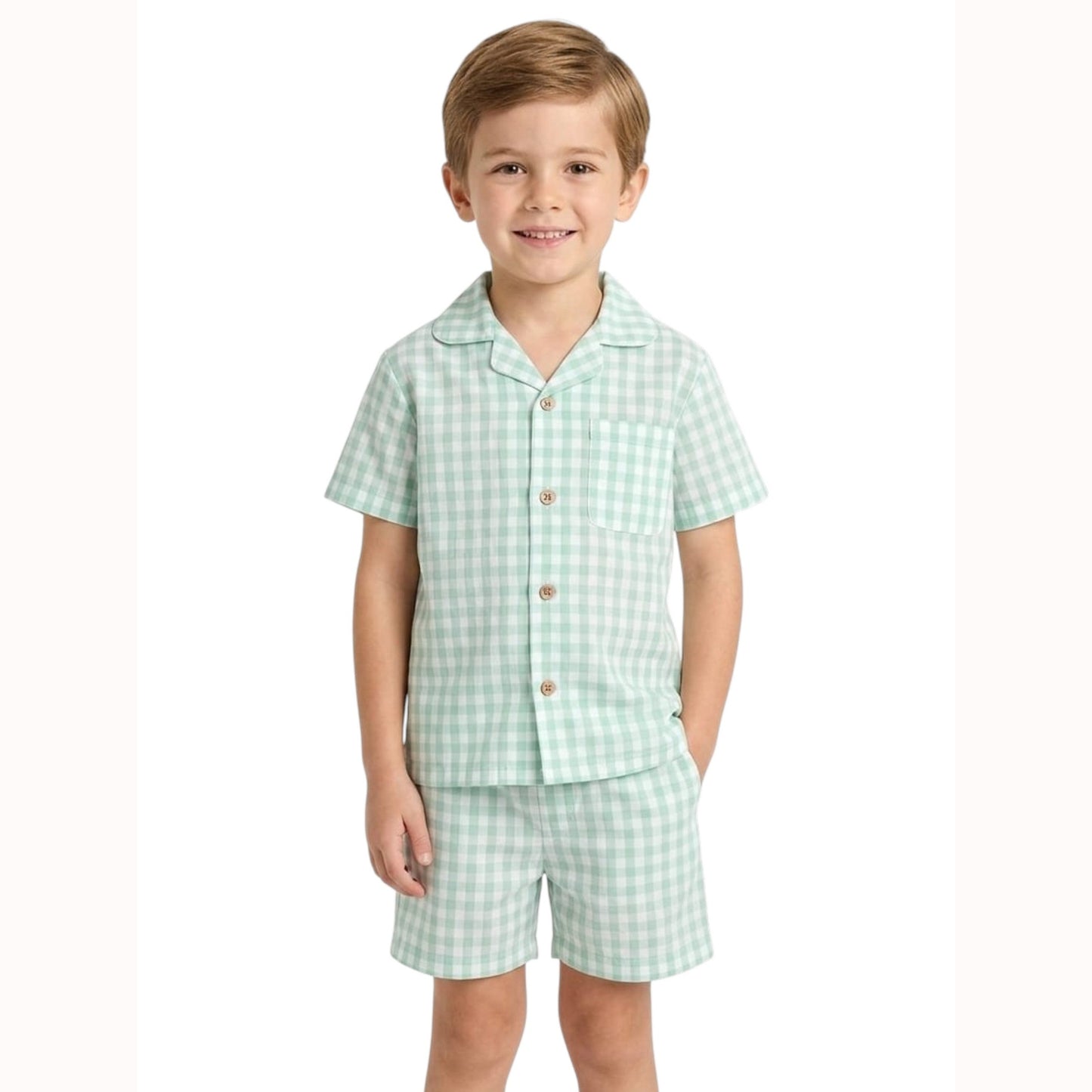 Kids Boy's Plaid Set Dress Shirt&Short,Light Mint
