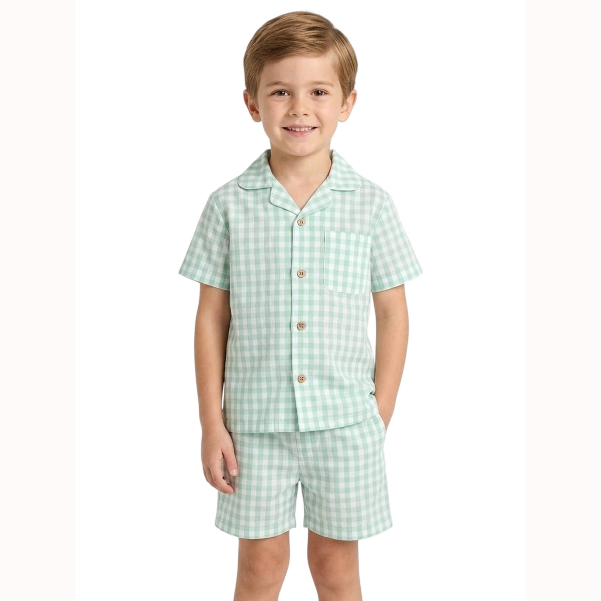 Kids Boy's Plaid Set Dress Shirt&Short,Light Mint