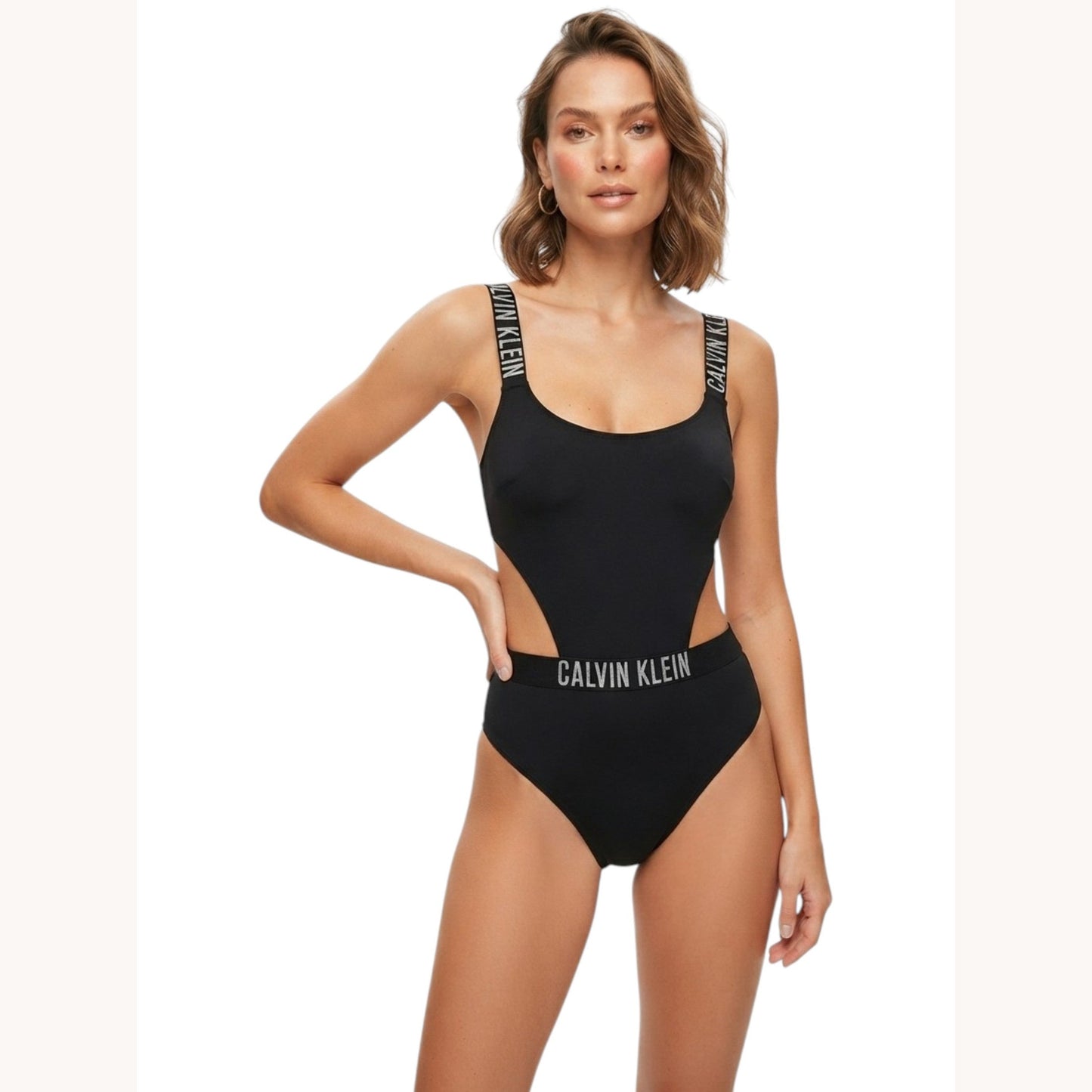 Women's Brand Logo Printed Open Back Swimsuit,Black