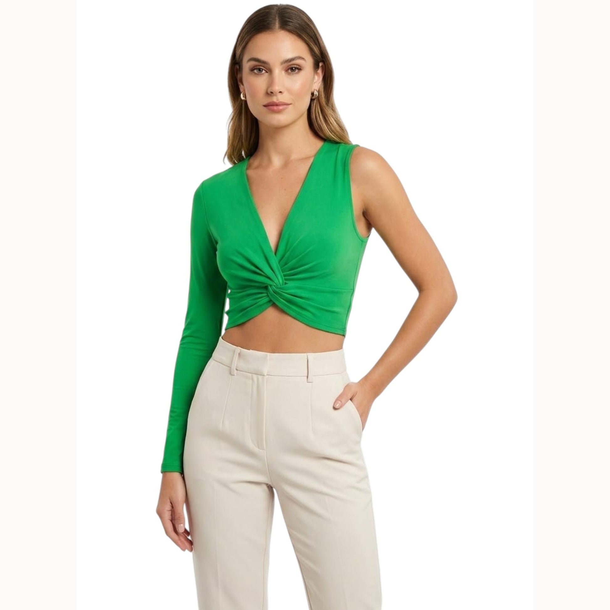 Women's Ribbed One Shoulder Crop Top,Green