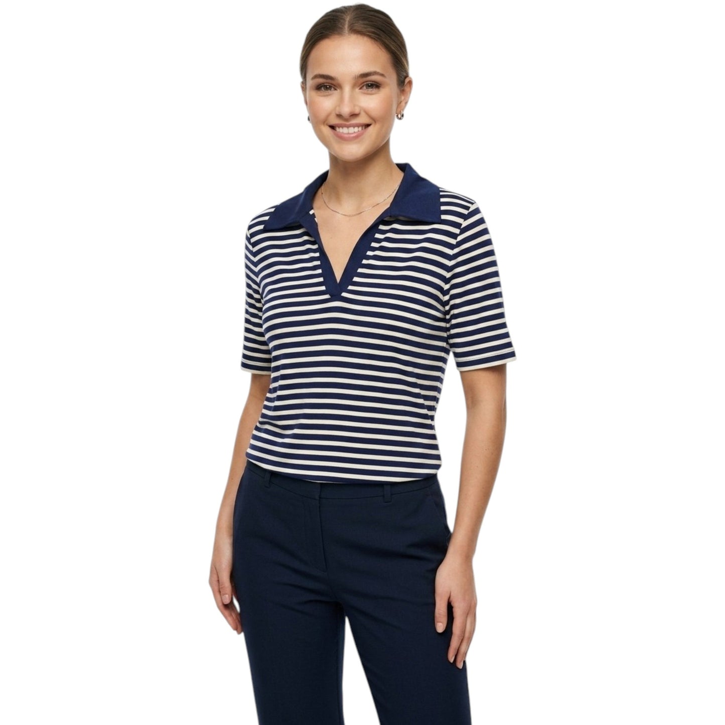 Women's Stripped Polo Top ,Navy