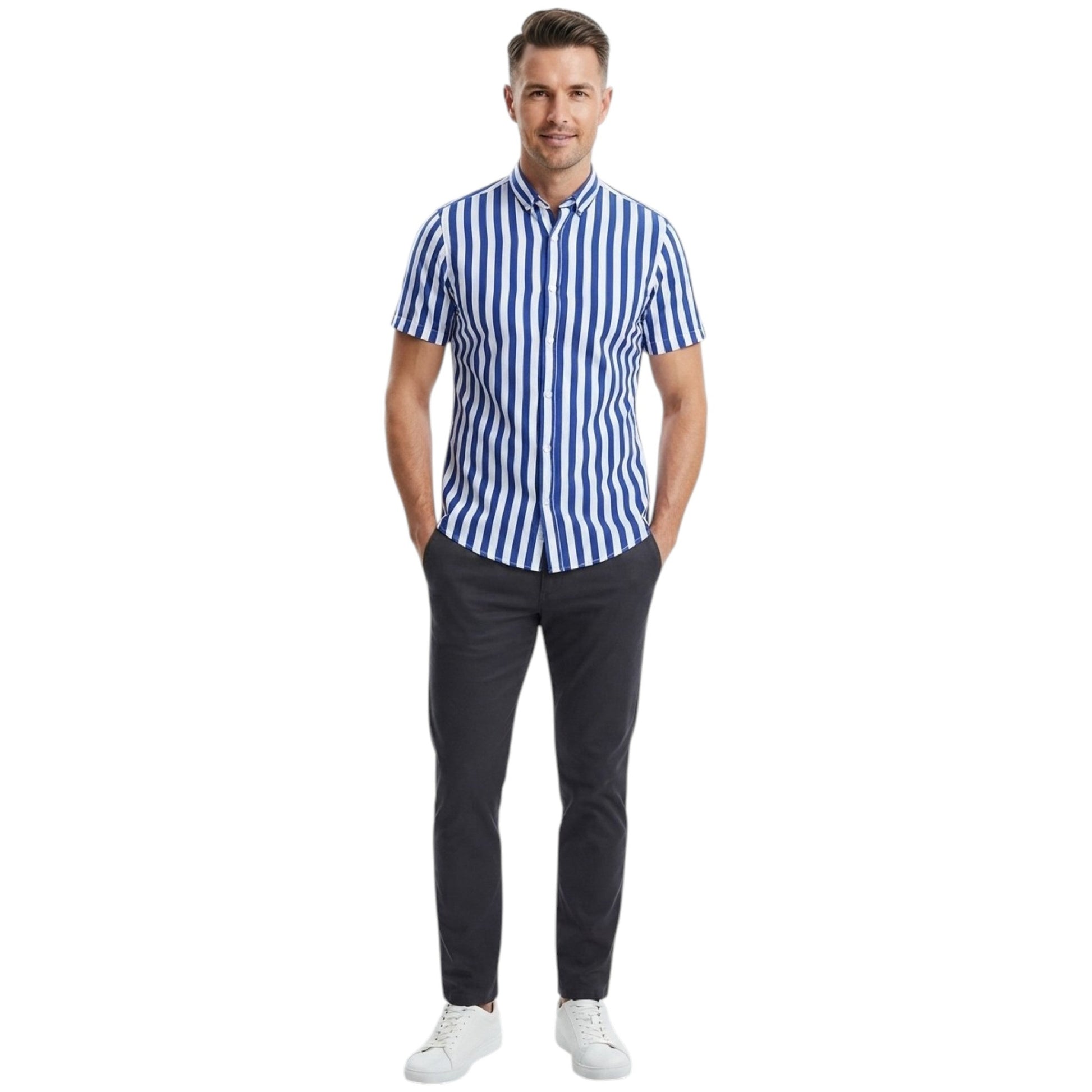 Men's Striped Dress Shirt,White/Navy