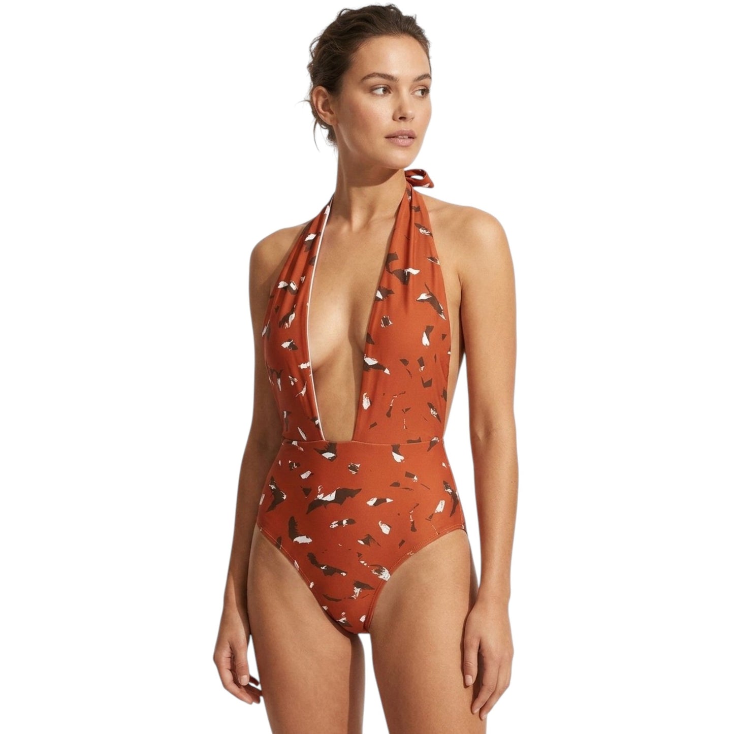 Women's Printed One Pieces Open Back Swimsuit,Brick