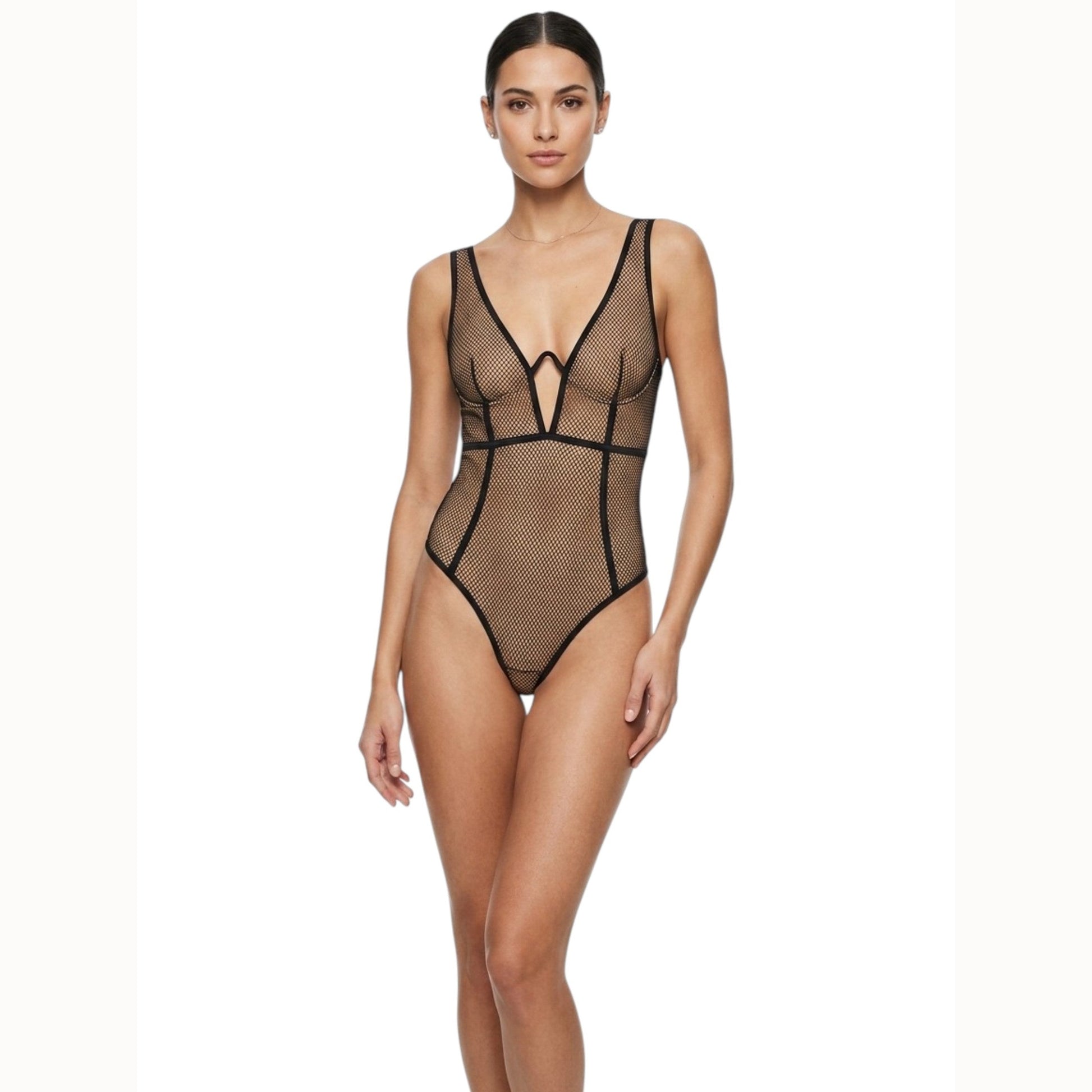 Women's Plain Fishnet One Piece Swimsuit,Black