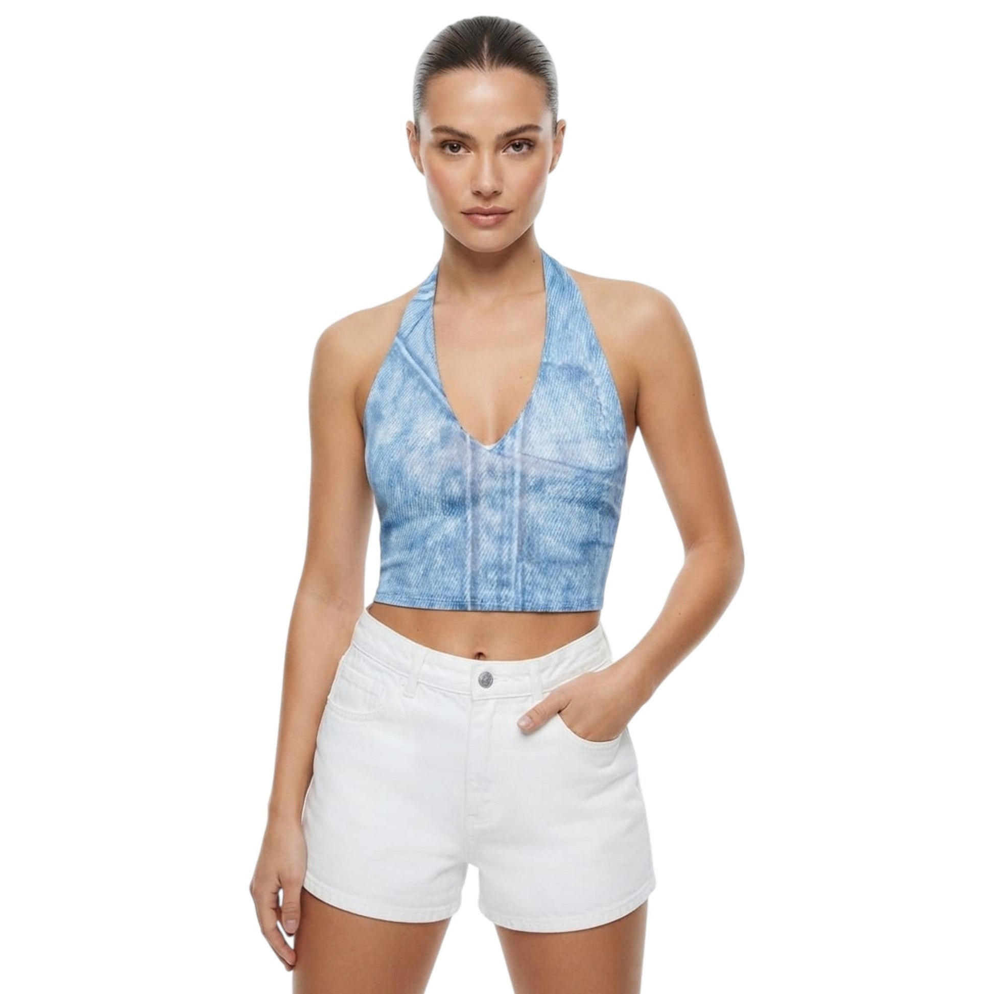Women's Printed Crop Top Open Back,Blue