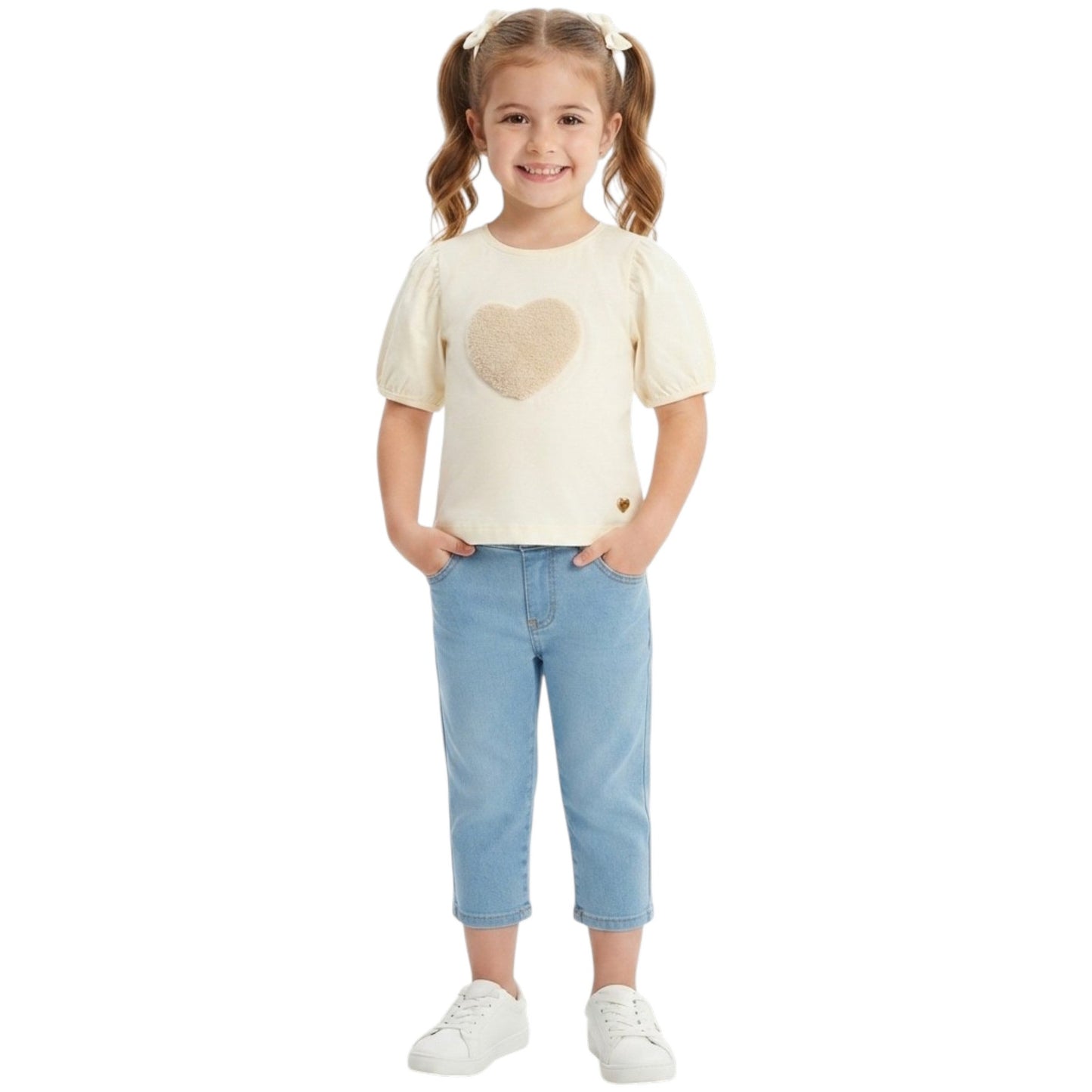 Kids Girl's Heart Printed Top,Light Beige