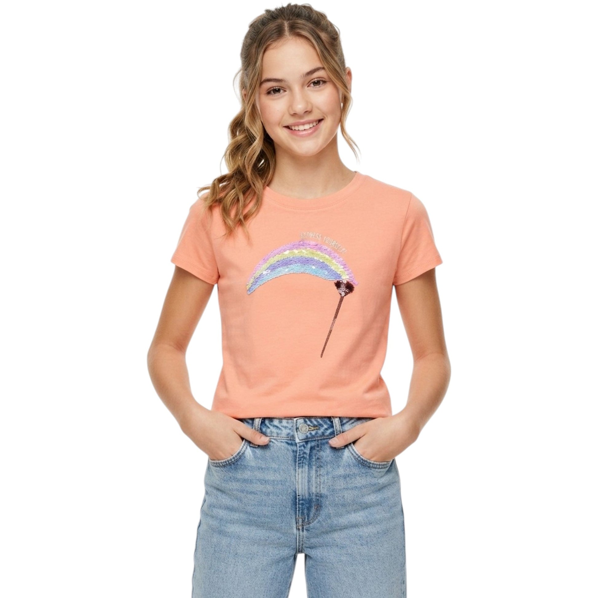 Kids Girl's Printed Sequin Top,Coral