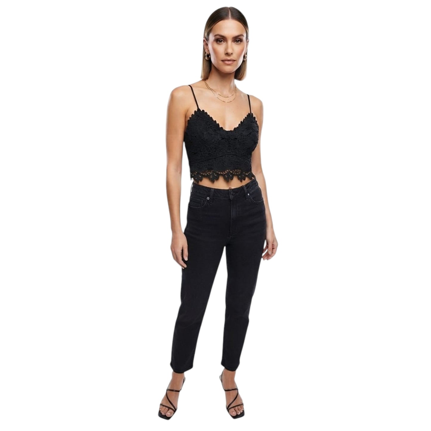 Women's Floral Lace Printed Crop Top,Black