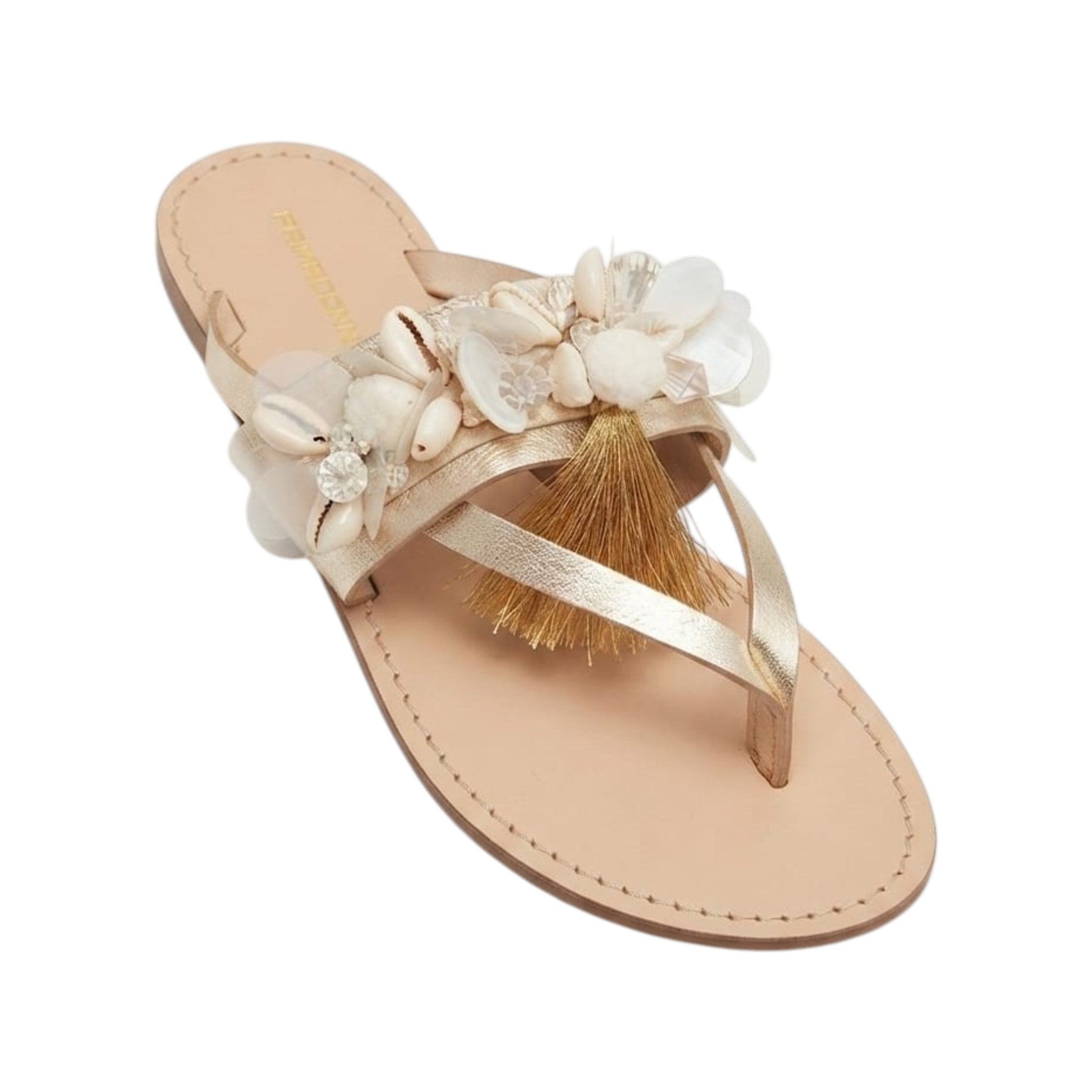Women's Textured Slippers With Natural Seashells,Gold