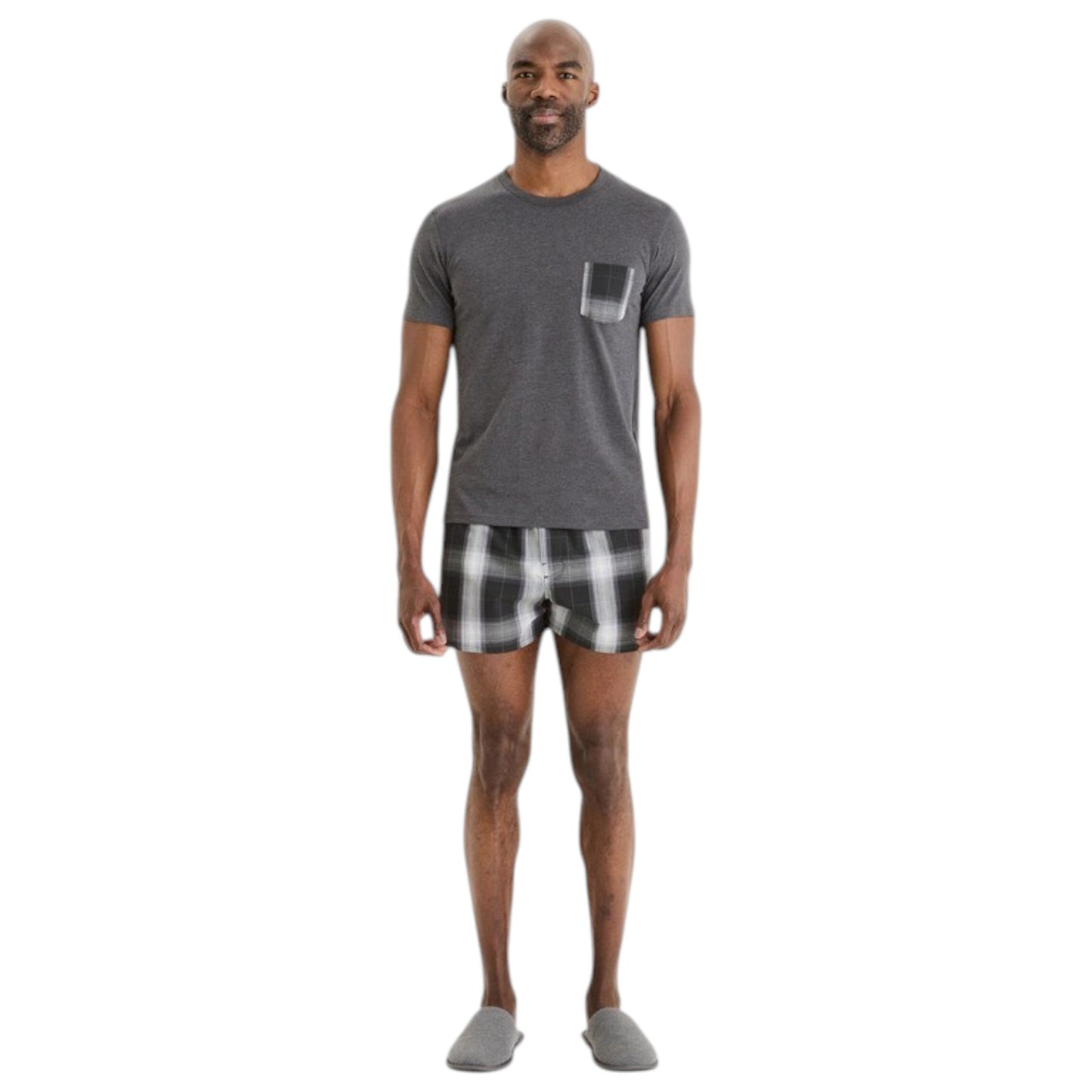 Men's Plaid Sleepwear Set Top&Short,Dark Grey