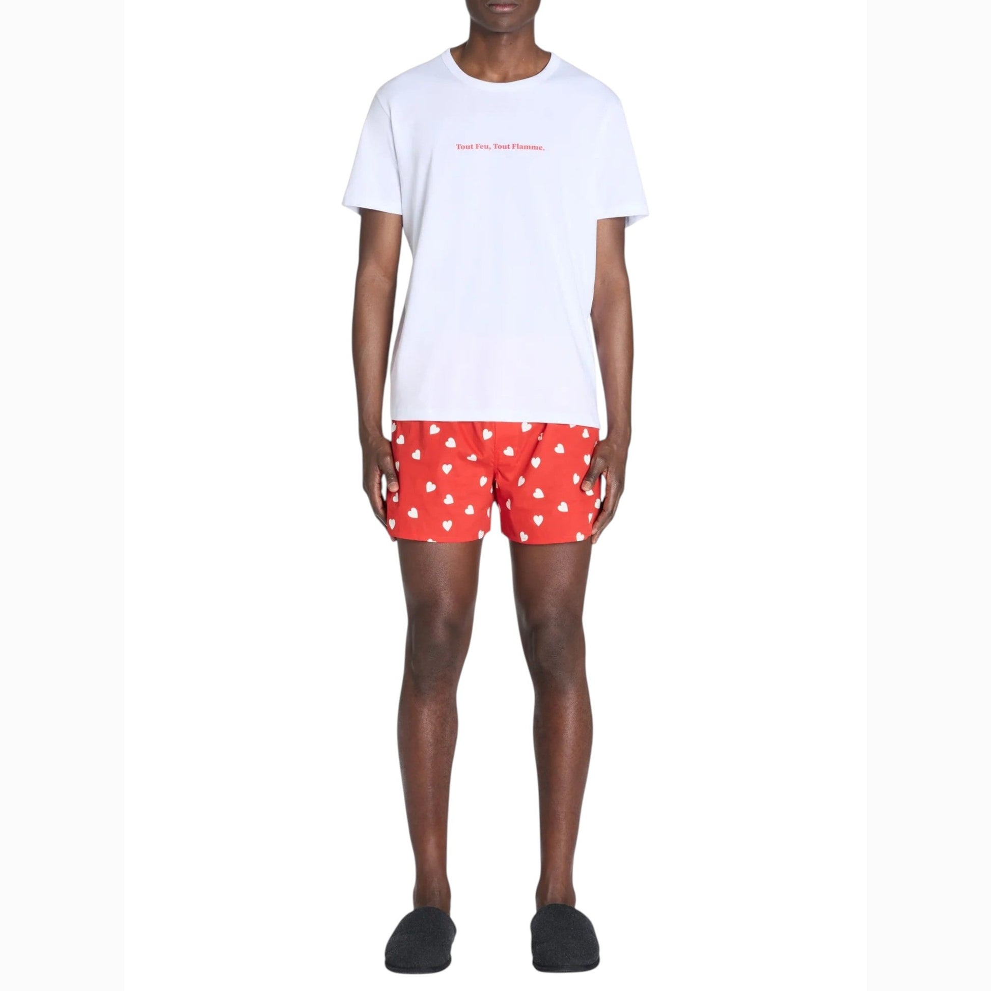 Men's Printed Sleepwear Set Top&Short,White/Red