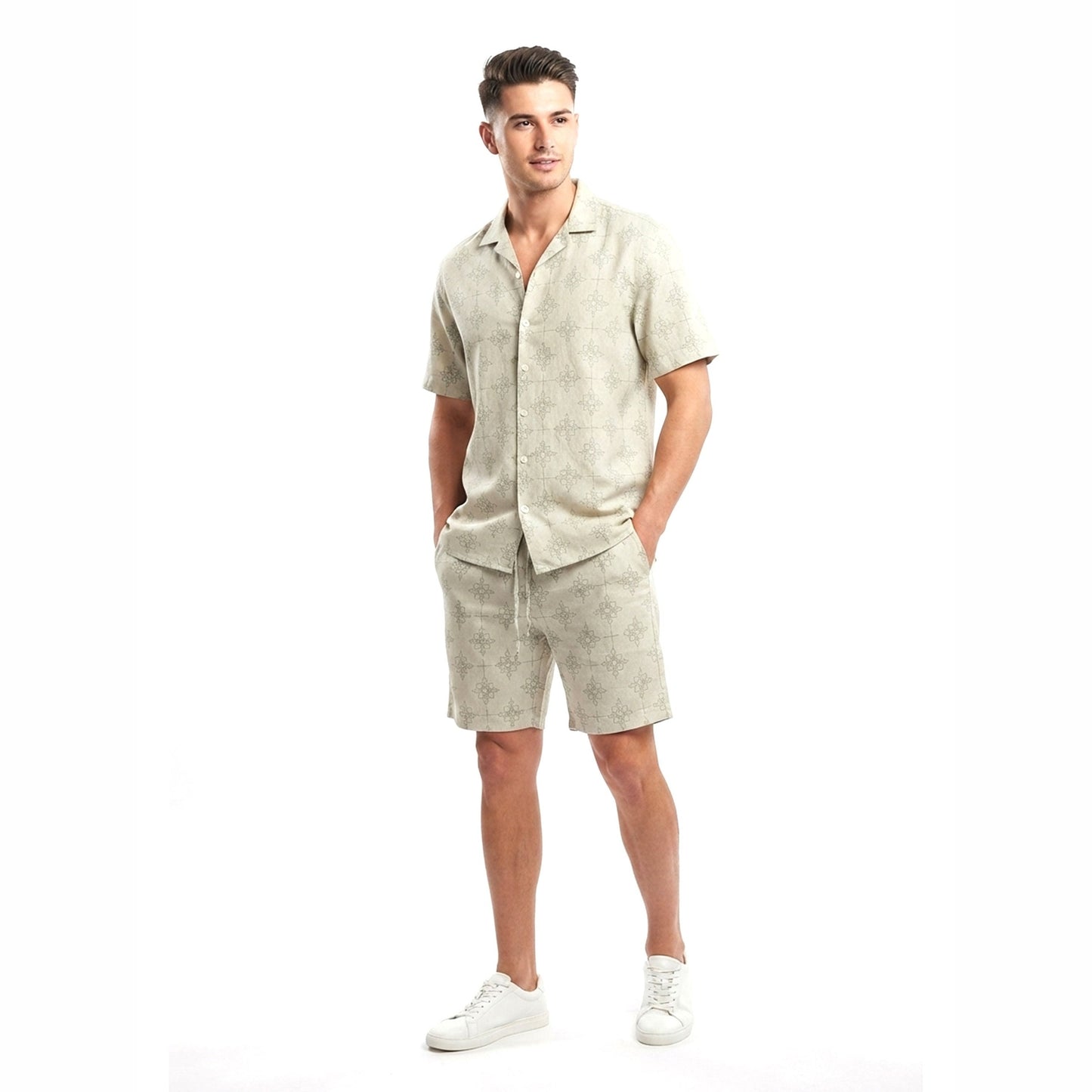 Men's Printed Set Dress Shirt & Short,Mint Green