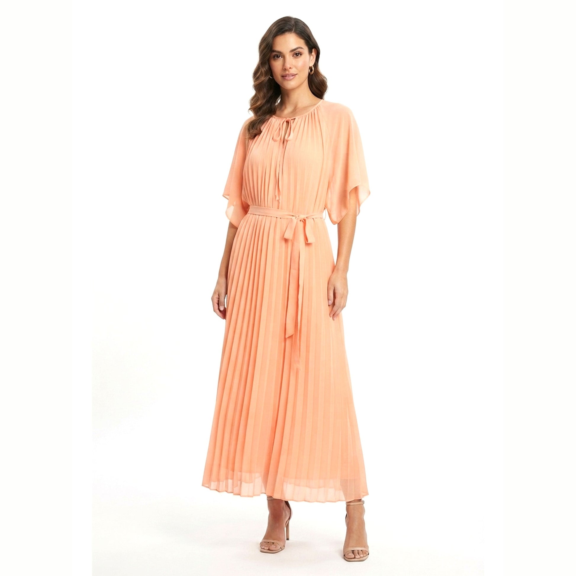 Women's Plain Chiffon Pleated Dress,Coral