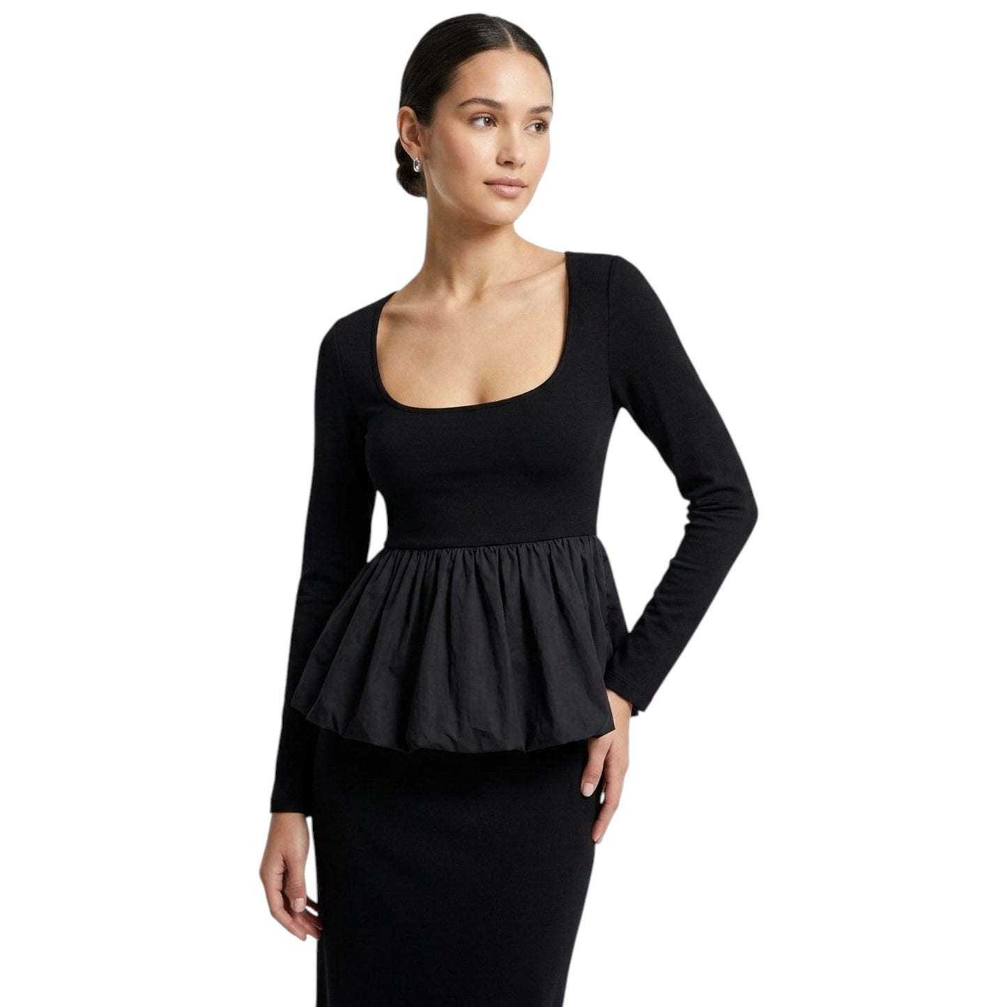 Women's Plain Bubble-Hem Peplum Waist Top,Black