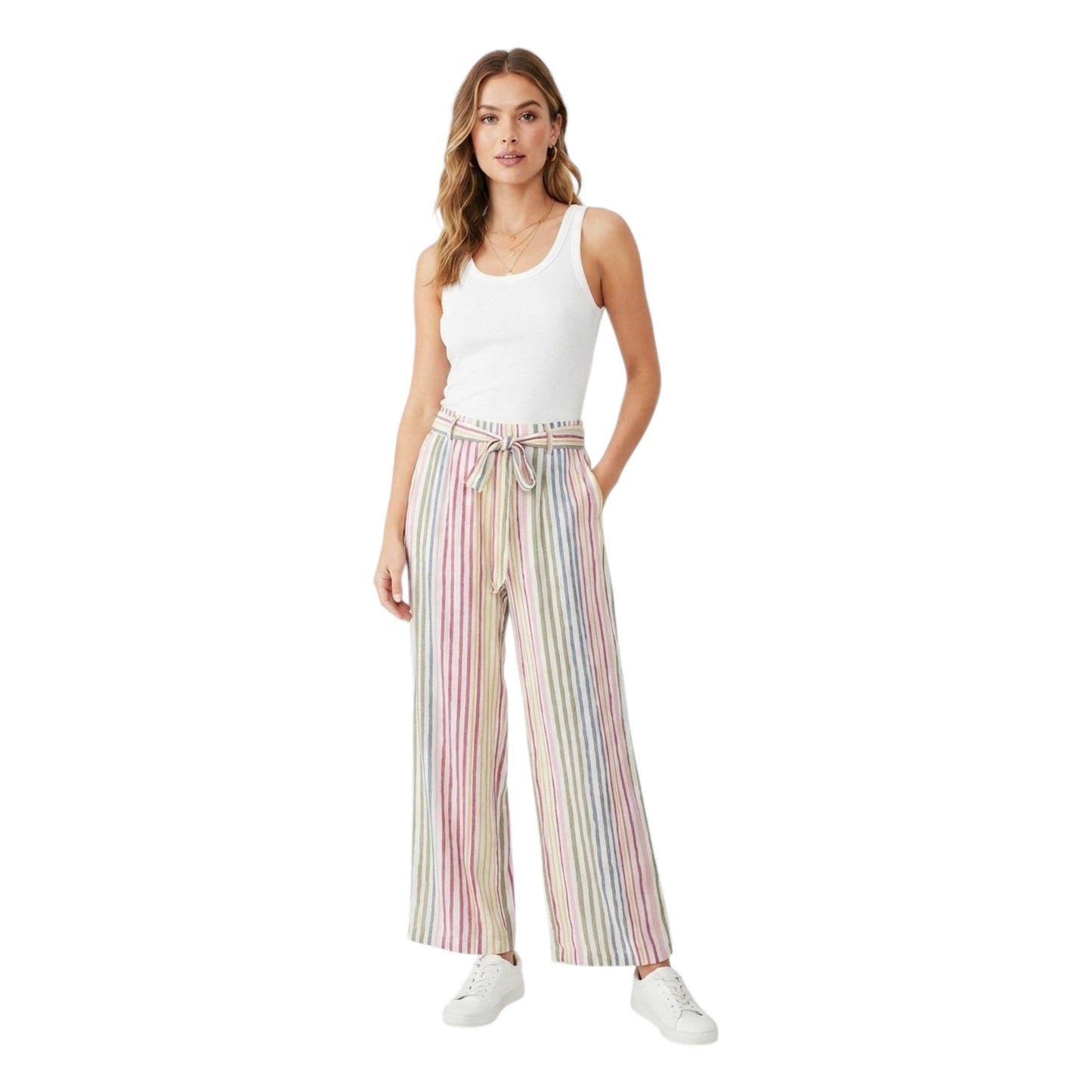 Women's Stripped Pants With Belt,Multi