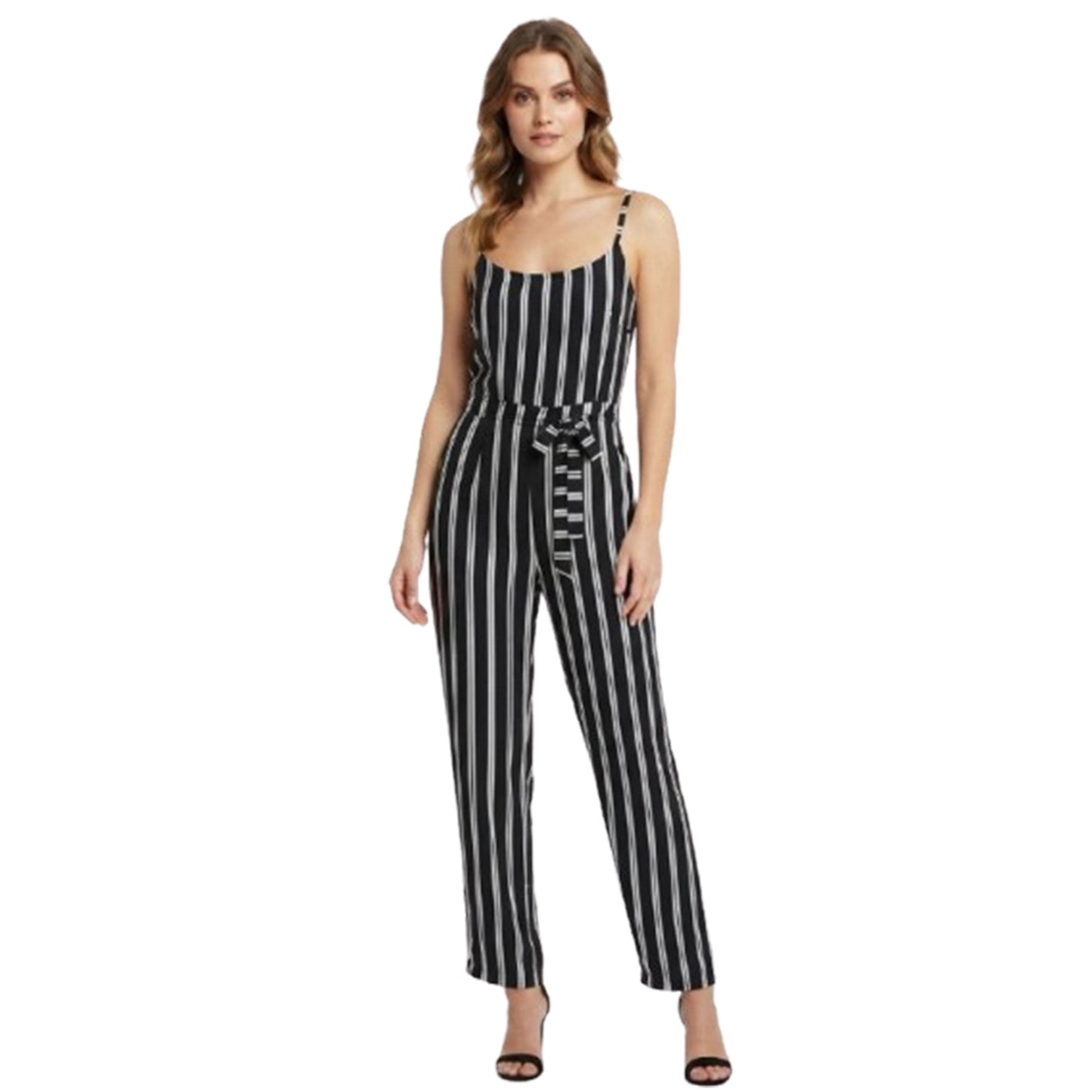 Women's Stripped Jumpsuit With Belt,Black