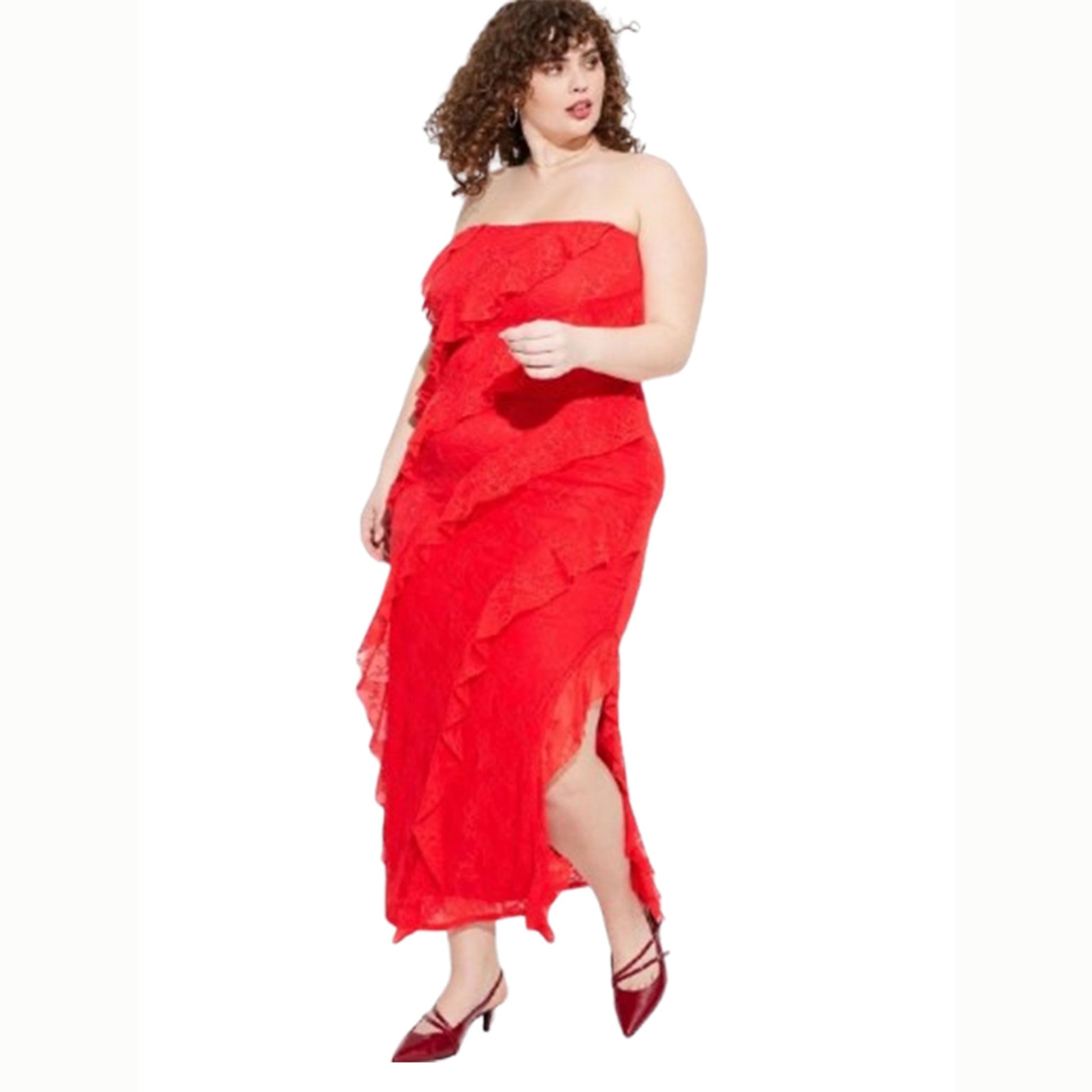 Women's Ruffled Lace Dress,Red