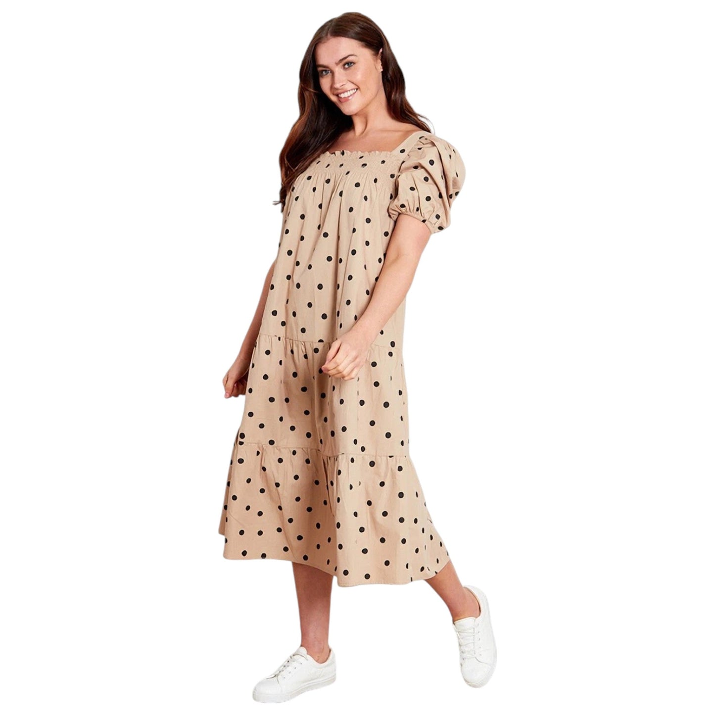 Women's Polka Dot Printed Dress,Dark Beige