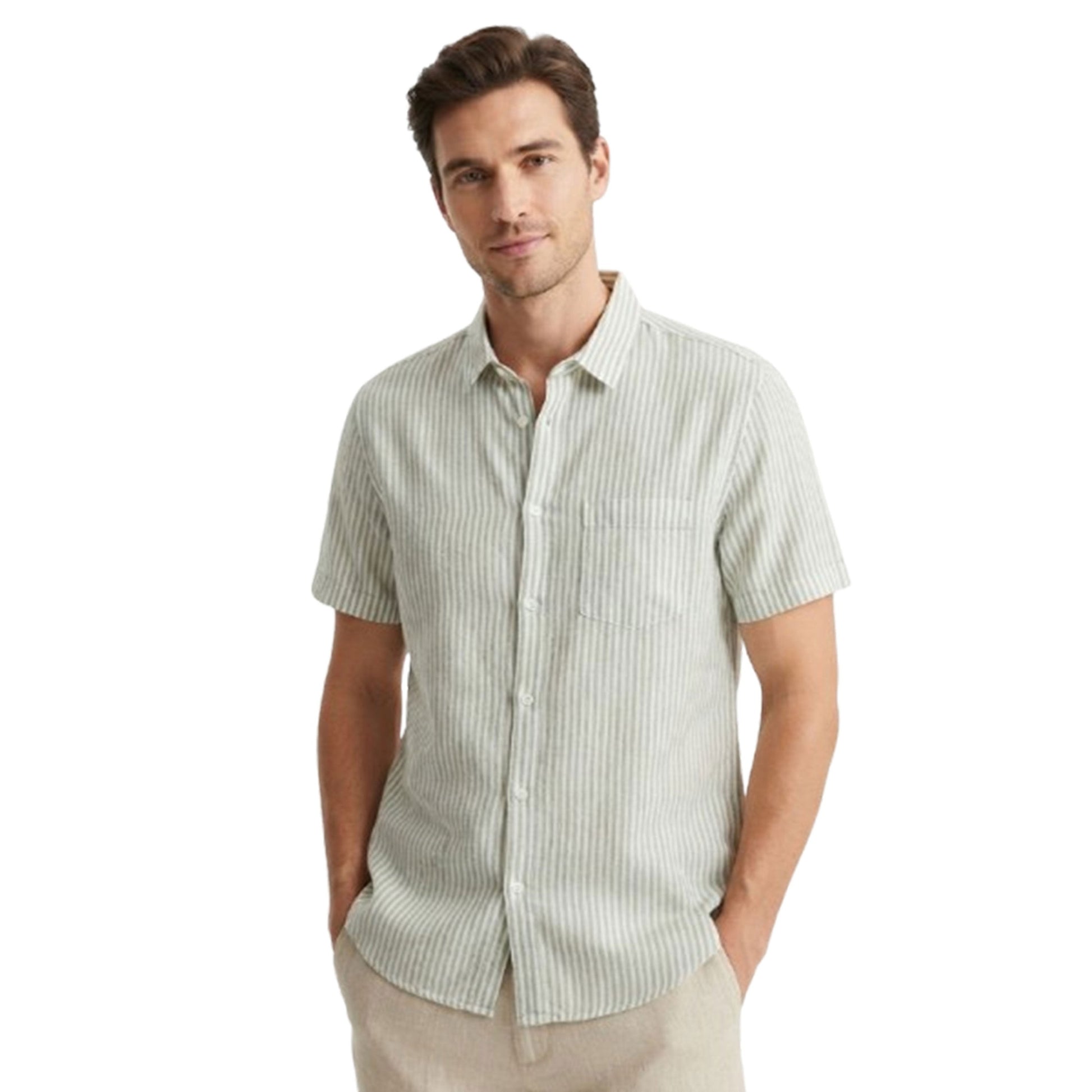Men's Striped Dress Shirt,White/Olive