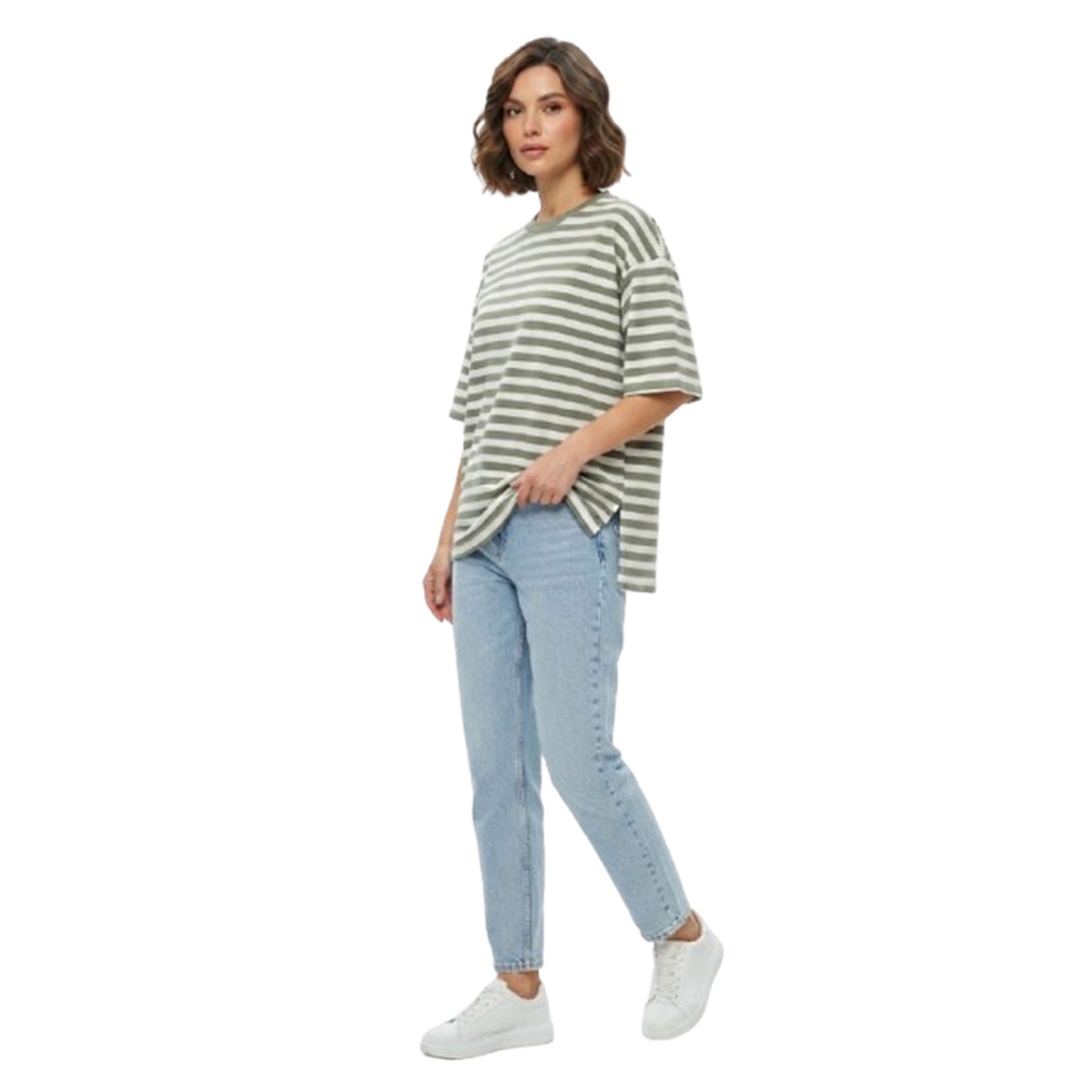 Women's Striped Top,White/Olive