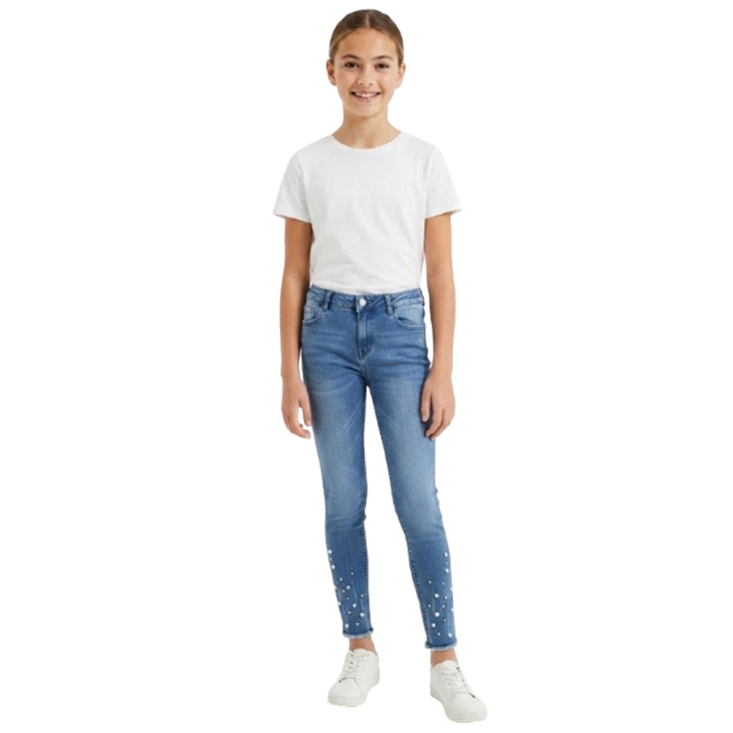 Kids Girl's Washed Playful faux Pearl Embellishments Jeans,Light Blue