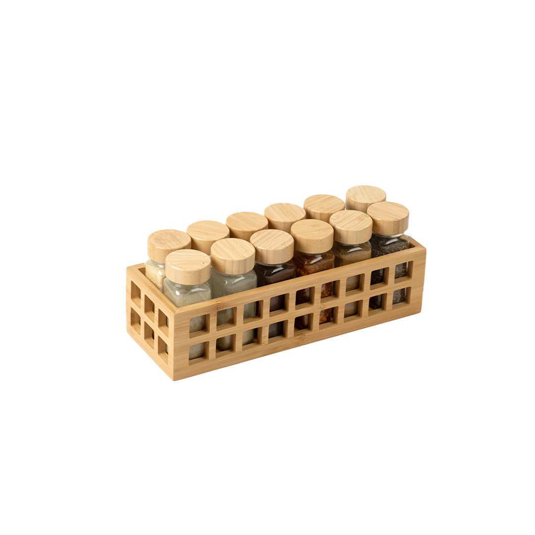 Bamboo Perforated Basket W/ 12 Spice Jar Shakers