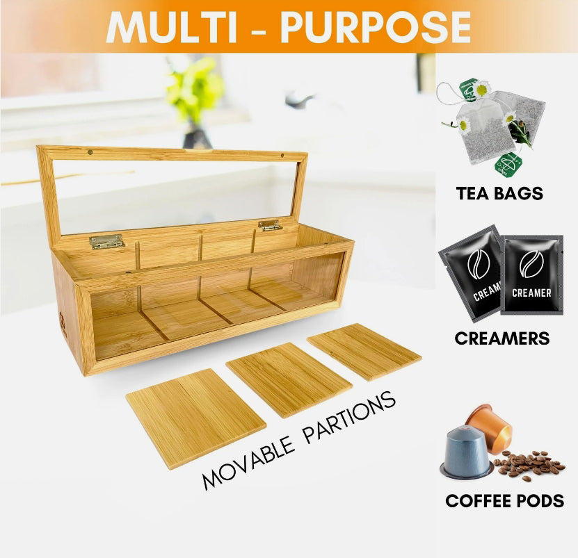 Danny Home Bamboo Tea Box with 5 Compartments and Magnetic Lid