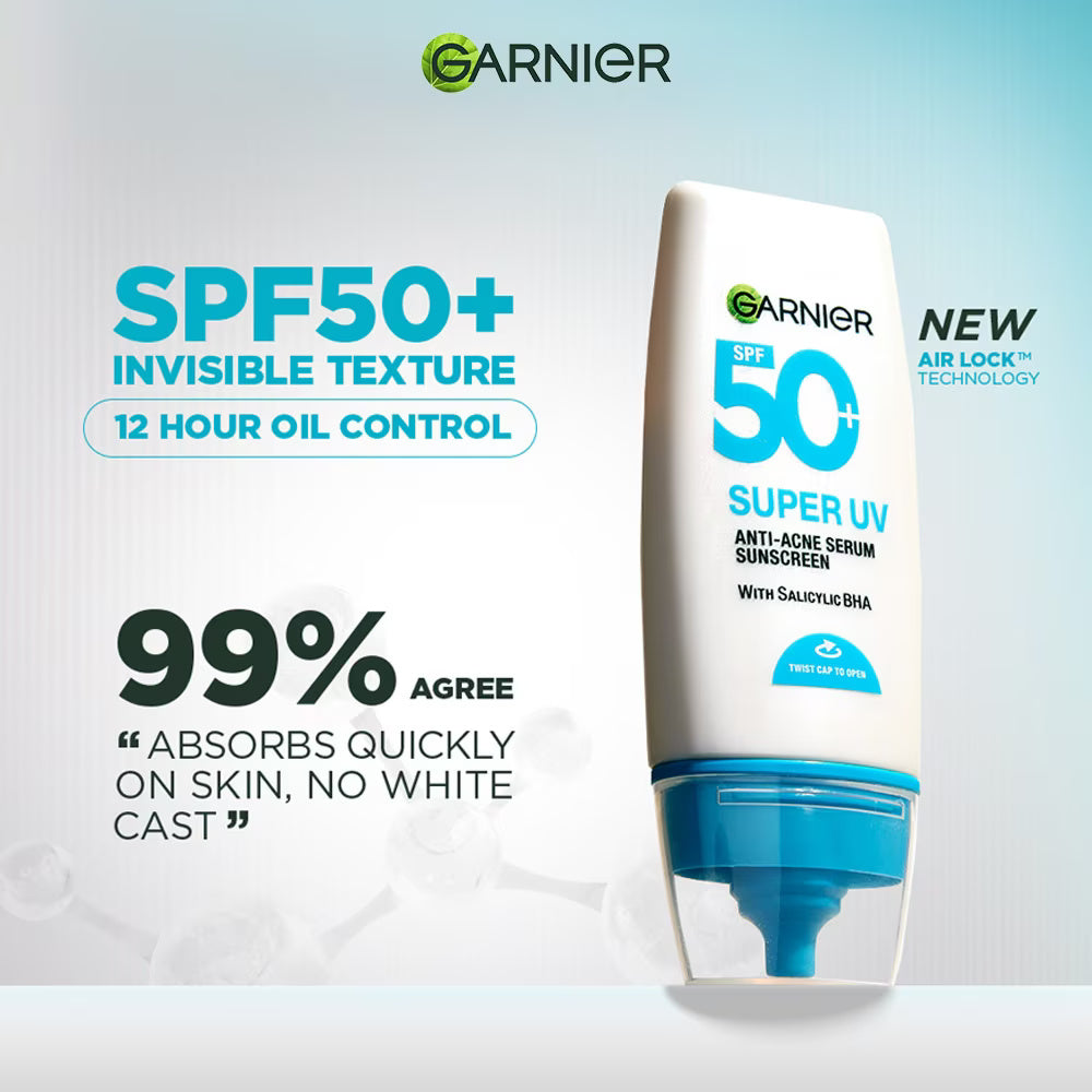 Garnier Super UV Anti-Acne Serum Sunscreen SPF50+ 30ml – Lightweight Daily Protection