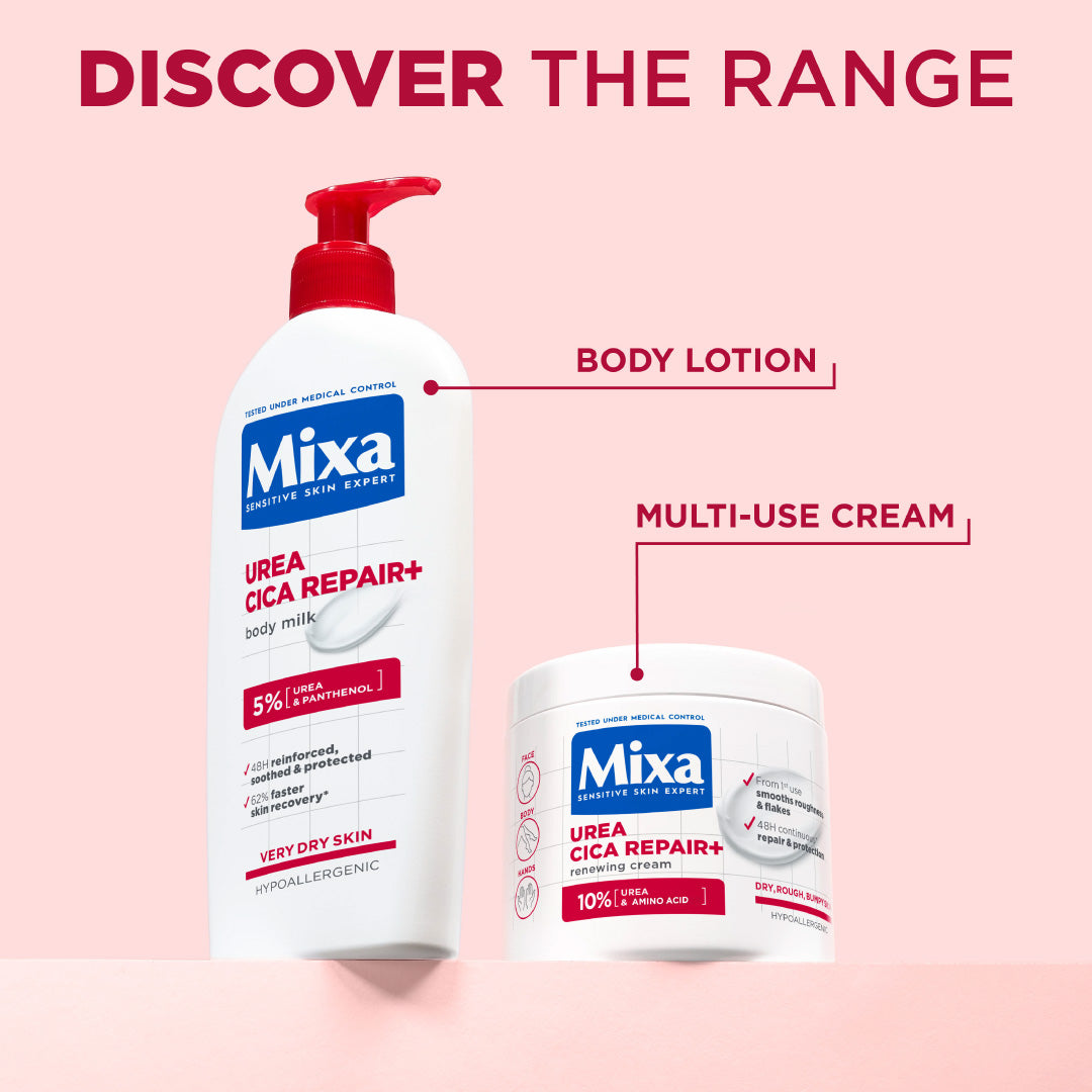 Mixa Urea Cica Repair Moisturizing Cream Jar - For Keratosis Pilaris, Dry, Flaky, Strawberry, Rough, & Fragile Skin & Tiny Reddish Bumps With 10% Urea and Niacinamide For Face, Hands & Body