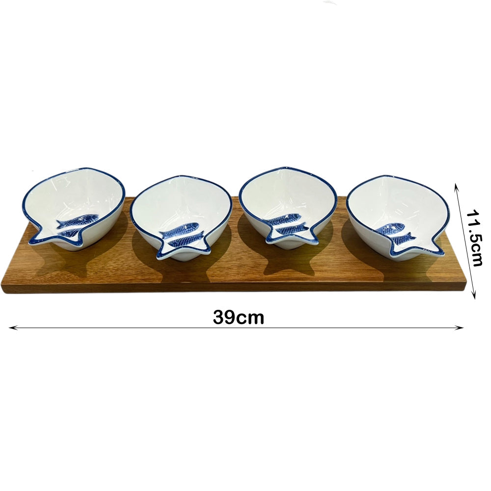Danny Home Ceramic Snack Seasoning Bowl Holder on Acacia Board – 39cm