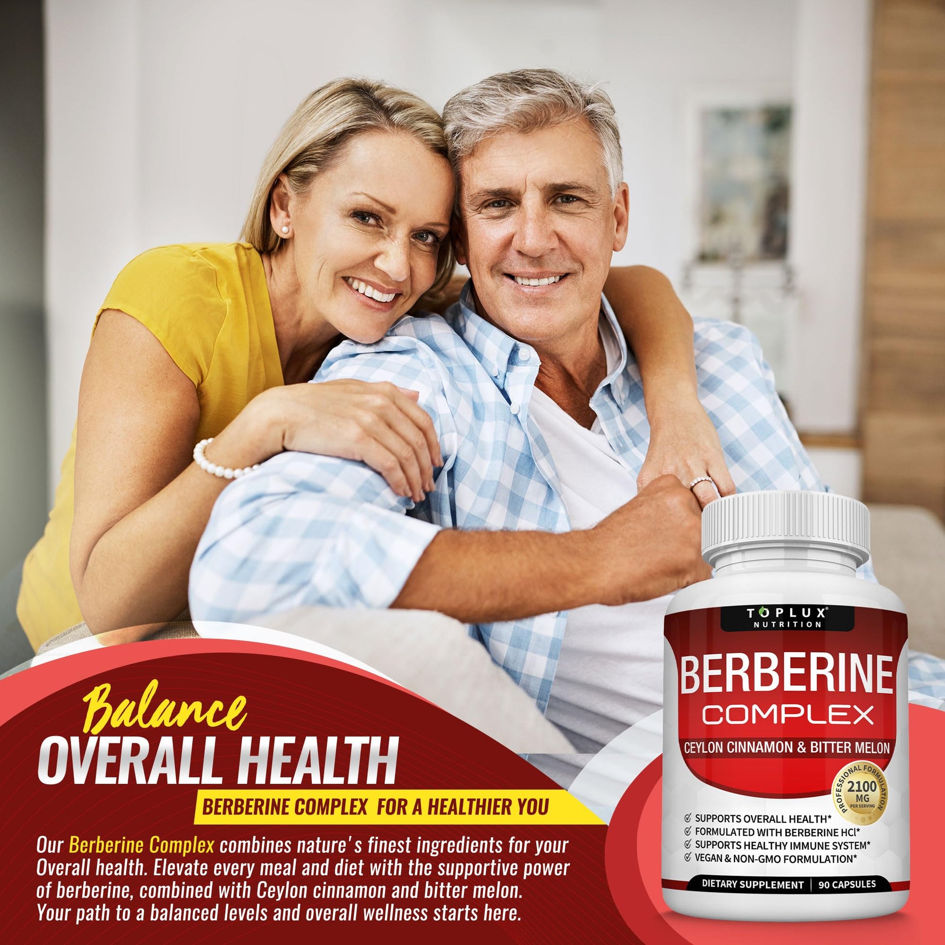 Toplux Berberine with Ceylon Cinnamon and Bitter Melon 2100mg - High Purity 97% HCL Berberine Supplement, Supports Overall Health & Immune System, Non-GMO Vegan 90 Capsules - Medaid International