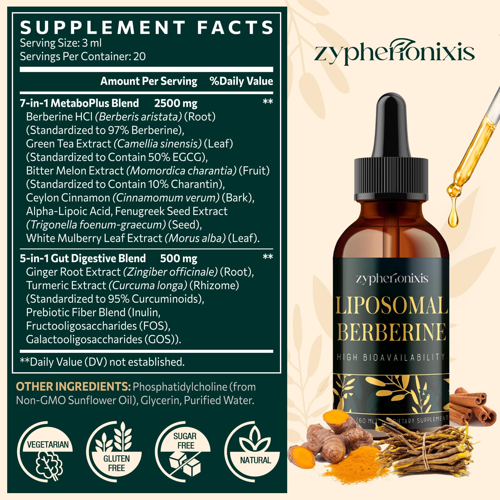 Zypherionixis Liposomal Berberine HCL Supplement Liquid 3000mg - High Absorption Berberine Drops with Ceylon Cinnamon - 12-in-1 Formula AMPK Activator, Sugar Free - 4 fl oz - Medaid International