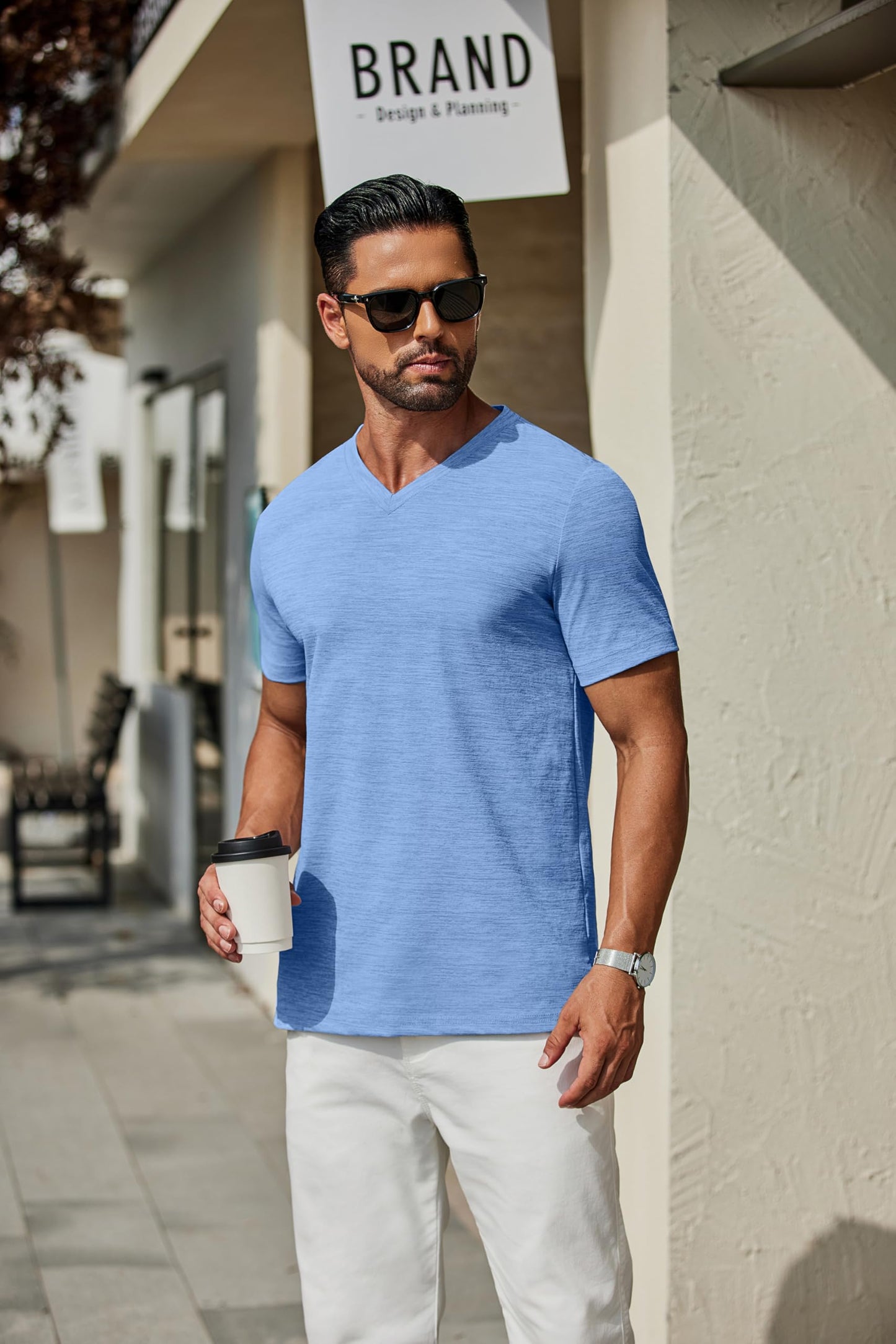 COOFANDY Men's T Shirts Short Sleeve Classic V Neck T-Shirt Casual Summer Basic Tee Shirt Light Blue - Medaid International