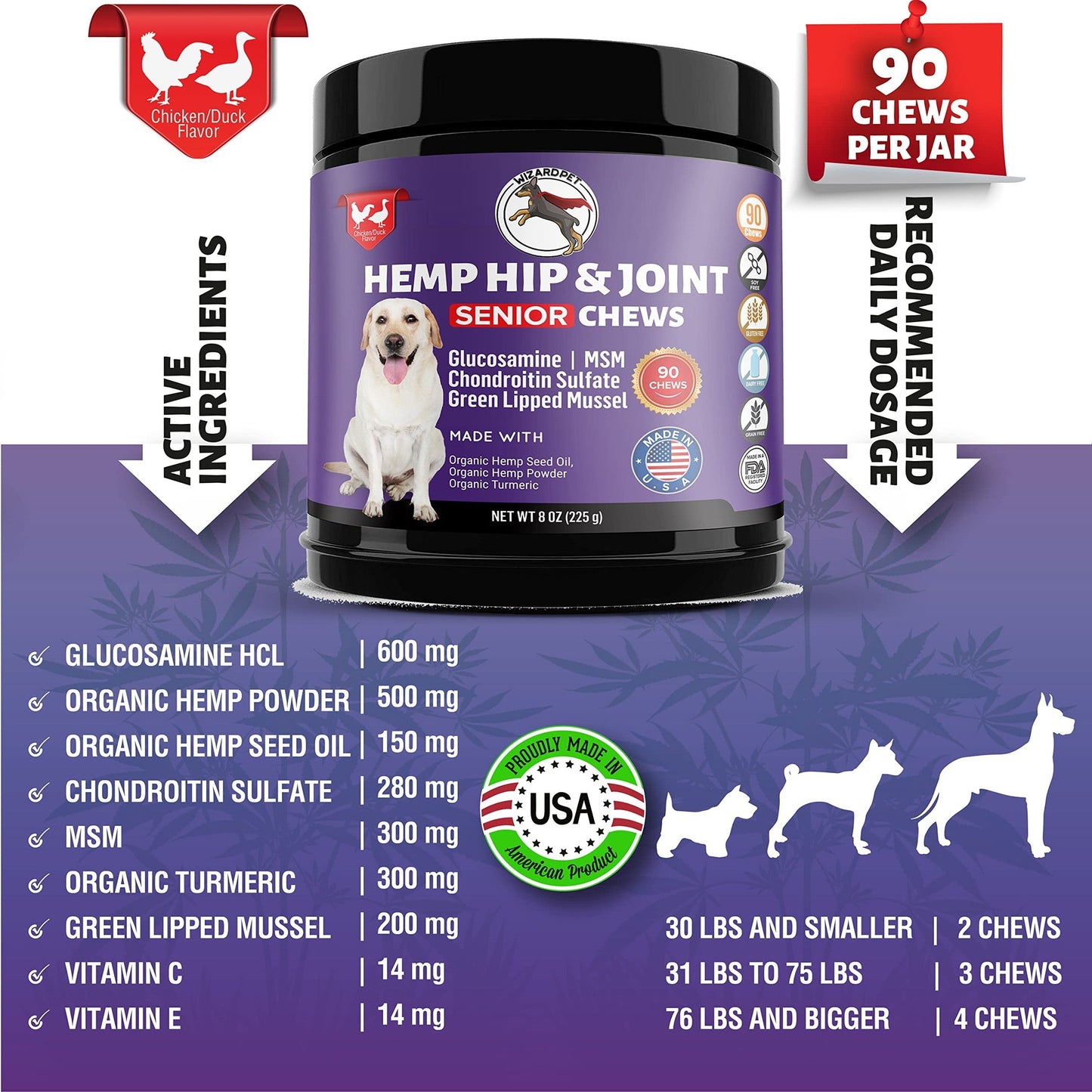 WIZARDPET Mobility Hemp Oil Hip & Joint Supplement for Senior Dogs Chondroitin Glucosamine MSM Turmeric Green Lipped Mussel Extra Strength Formula for Dog 90 Chews