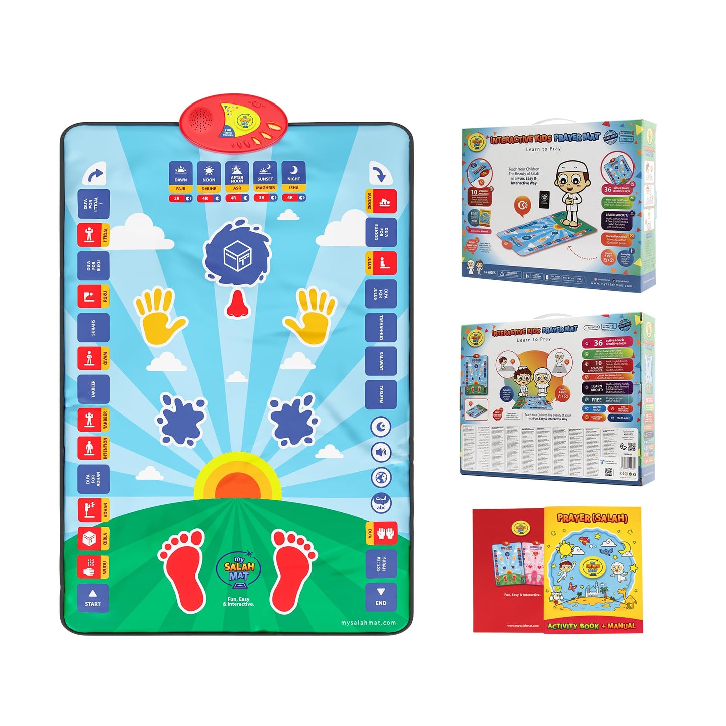 My Salah Mat for Kids - Smart interactive Prayer Mat for learning Salah, Surah, Wudu and Duas - Islamic prayer mat with 10 languages, Salah Translation, 25 Touch Keys and padded mat for Kids 3+ (Blue) - Medaid International