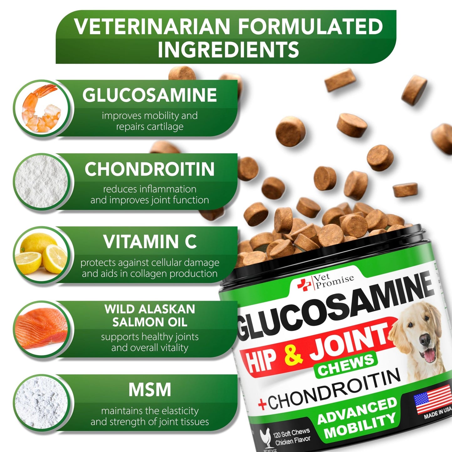 Vet Promise Glucosamine for Dogs - Hip and Joint Supplement for Dogs - Glucosamine Chondroitin - Joint Pain Relief Pills - MSM - Advanced Health Support Supplement - 120 Mobility Chews - Made in USA