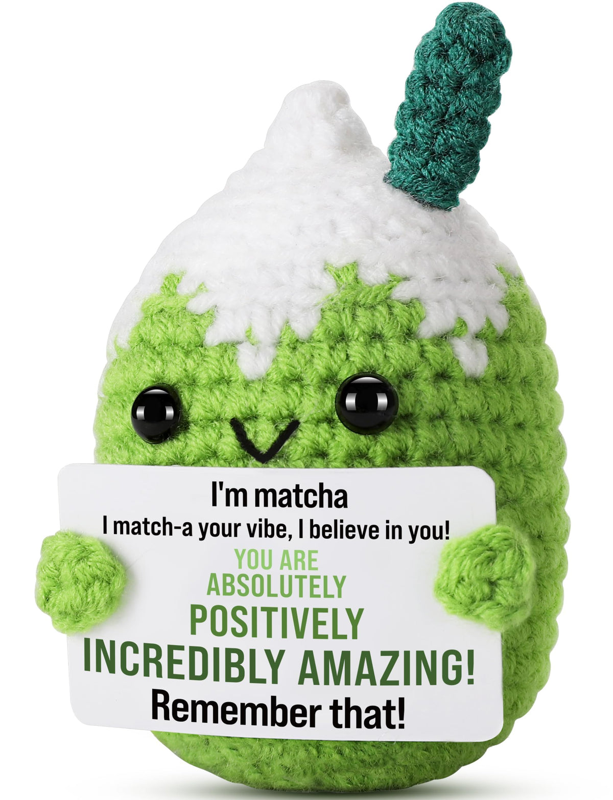 KASTWAVE Crochet Matcha Buddy Doll, with Positive Vibes Card, Handmade Emotional Support Crochet Inspirational Gifts, Inspirational Birthday Gift for Girlfriend Gifts, Coworker, Employee, Boss Gift