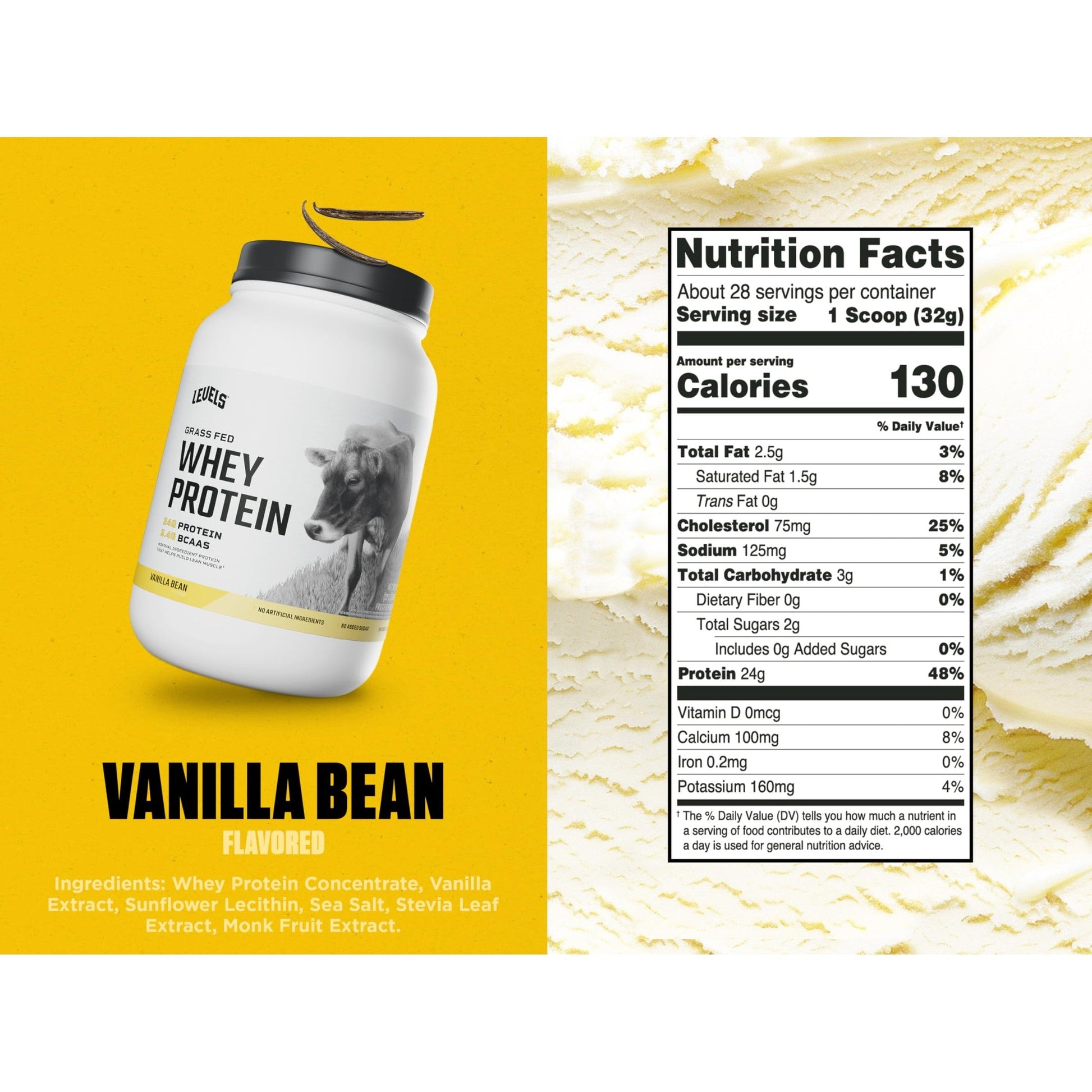 Levels Grass Fed Whey Protein Powder, No Artificials, 24G of Protein, Vanilla Bean, 2LB - Medaid International