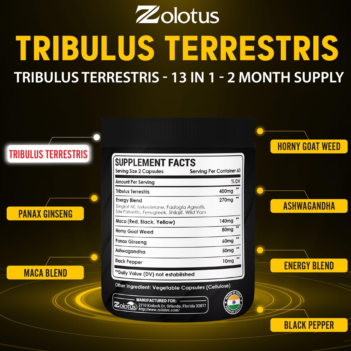 Zolotus 13in1 Tribulus Terrestris Capsules with Maca, Horny Goat Weed, Panax Ginseng, Saw Palmetto, Tongkat Ali, Shilajit & More - Energy, Stamina Supplement for Men & Women - 120 Counts - Medaid International