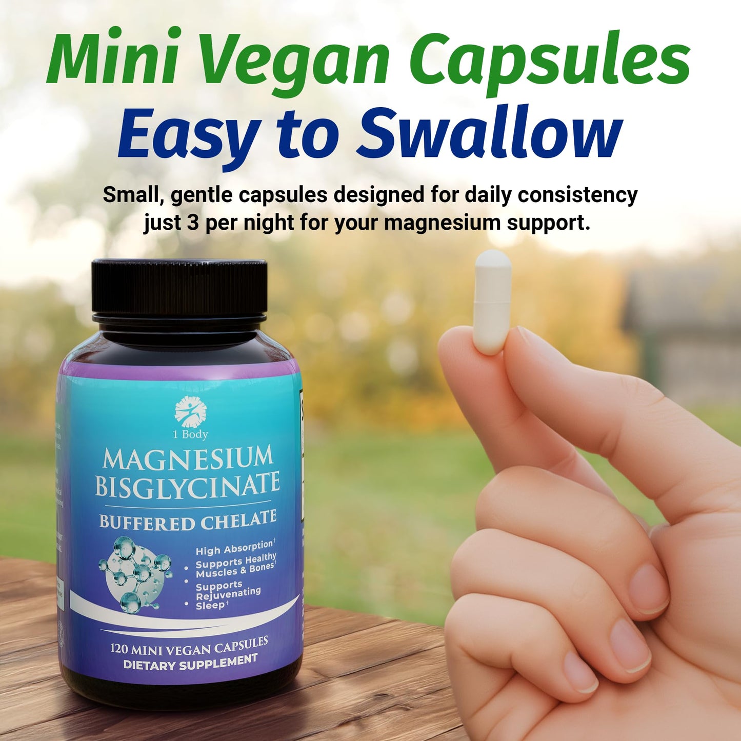 1 Body Magnesium Bisglycinate Supplement, 44 mg Pure Chelated Formula, 120 Capsules, Maximum Absorption, Muscle Cramp Relief - Medaid International