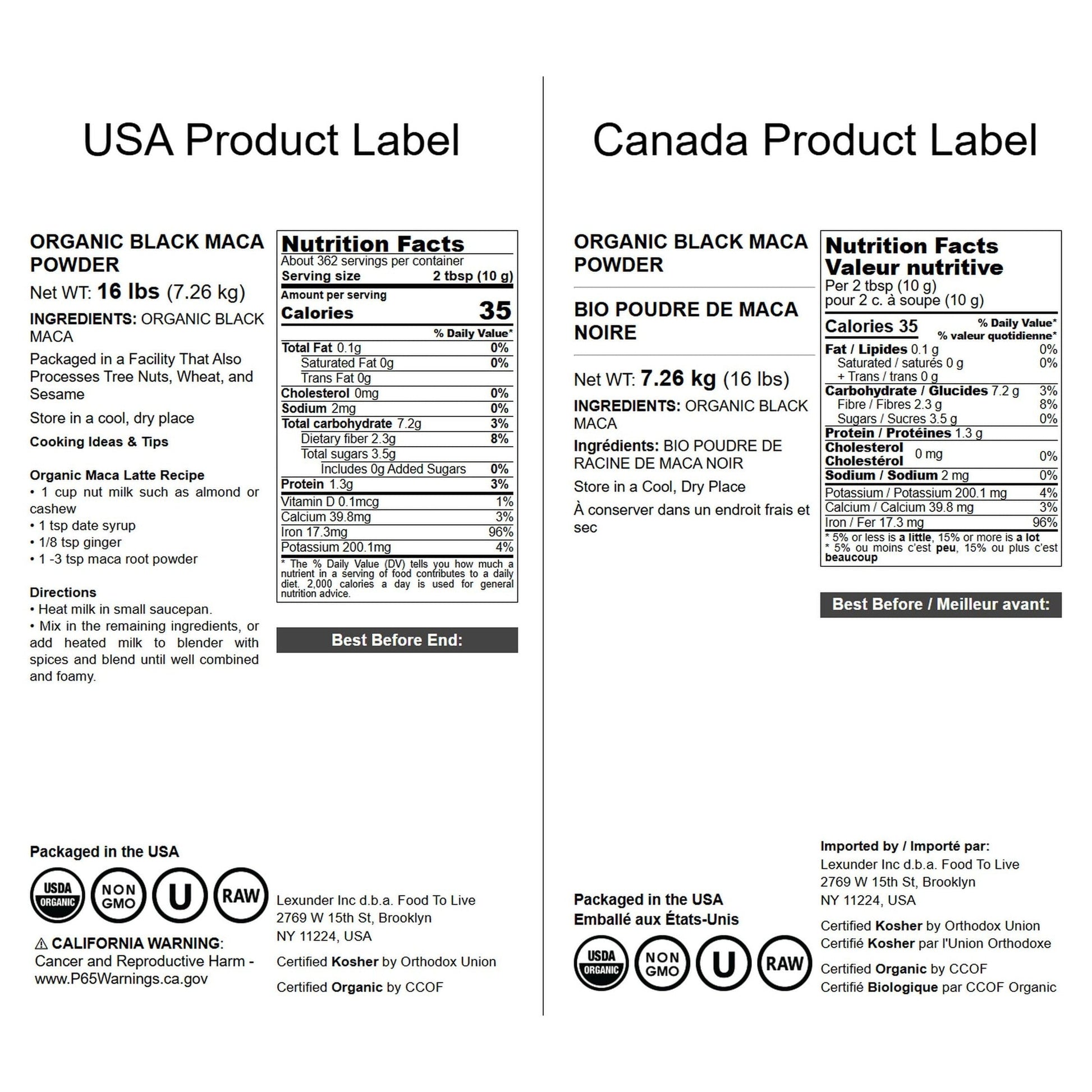 Food to Live Organic Black Maca Powder, 16 Pounds – Raw Ground Maca Root, Non-GMO, Kosher, Fine Flour, Bulk - Medaid International