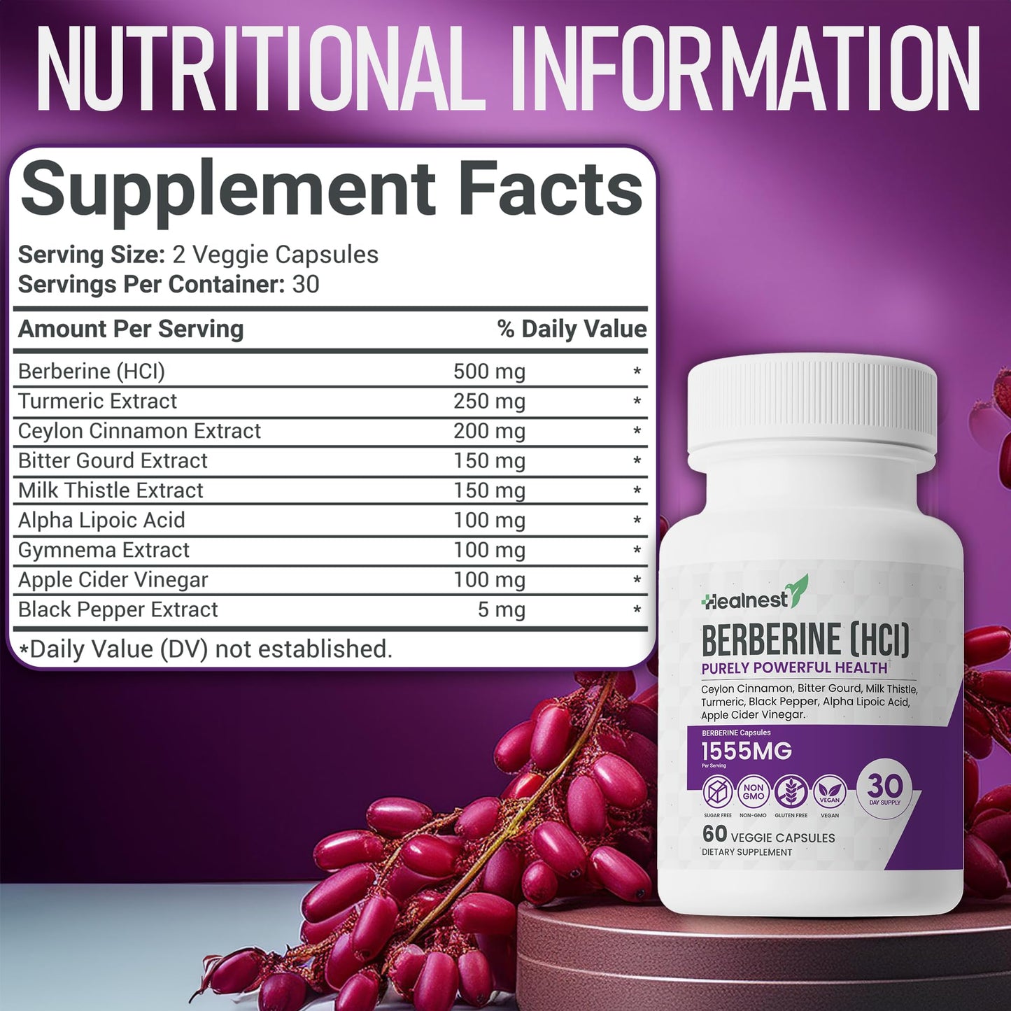 Berberine (HCI) 500mg - with Ceylon Cinnamon, Turmeric, Milk Thistle, Bitter Gourd, Alpha Lipoic Acid - Non-GMO, Gluten Free, 60 Vegan Capsules. - Medaid International